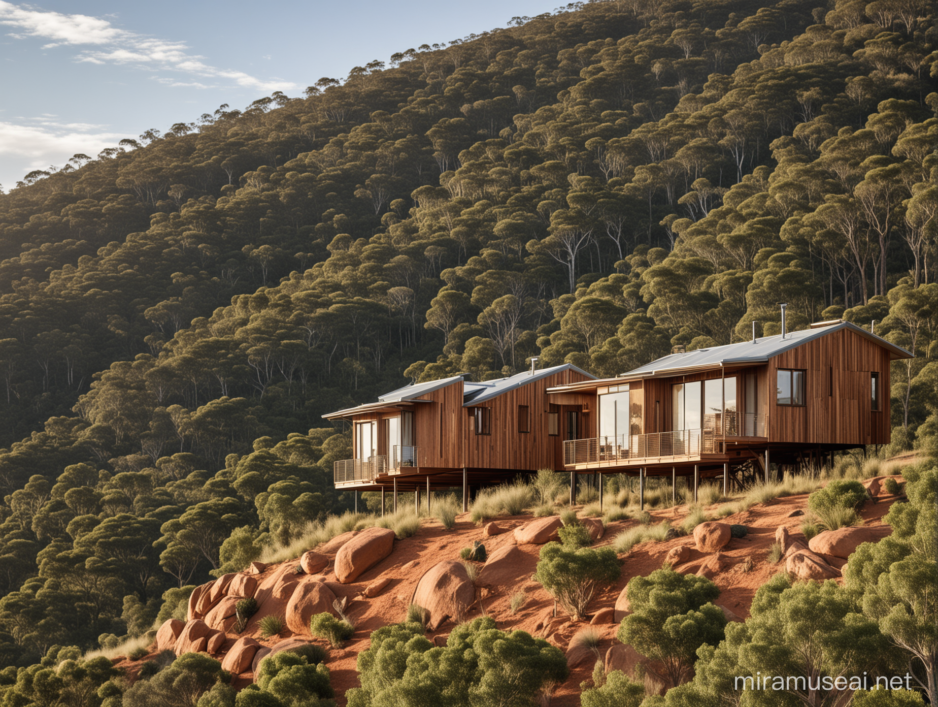 Ten small eco-friendly cabins dotted across Australian rural landscape, nestled in Queensland Blue Mountains backdrop, perched on a sloped hillside amid a few gum trees. Ironbark exterior finish, embracing passive design and environmentally sustainable design and biodiversity principles