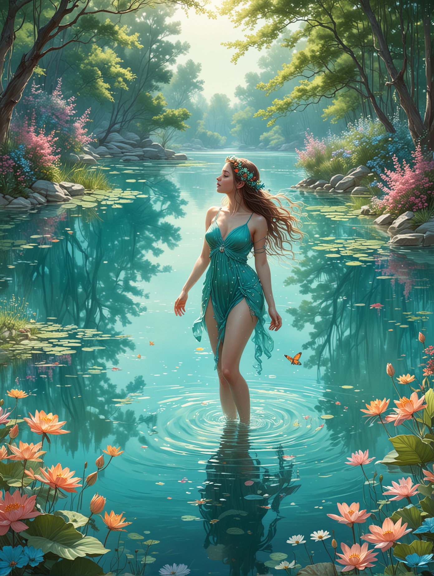Illustration of a beautiful nymph, bright turquoise lake, trees, flowers