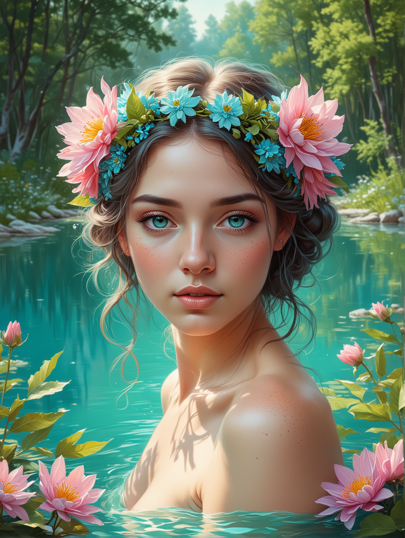 Illustration of a beautiful nymph, bright turquoise lake, trees, flowers, portrait 