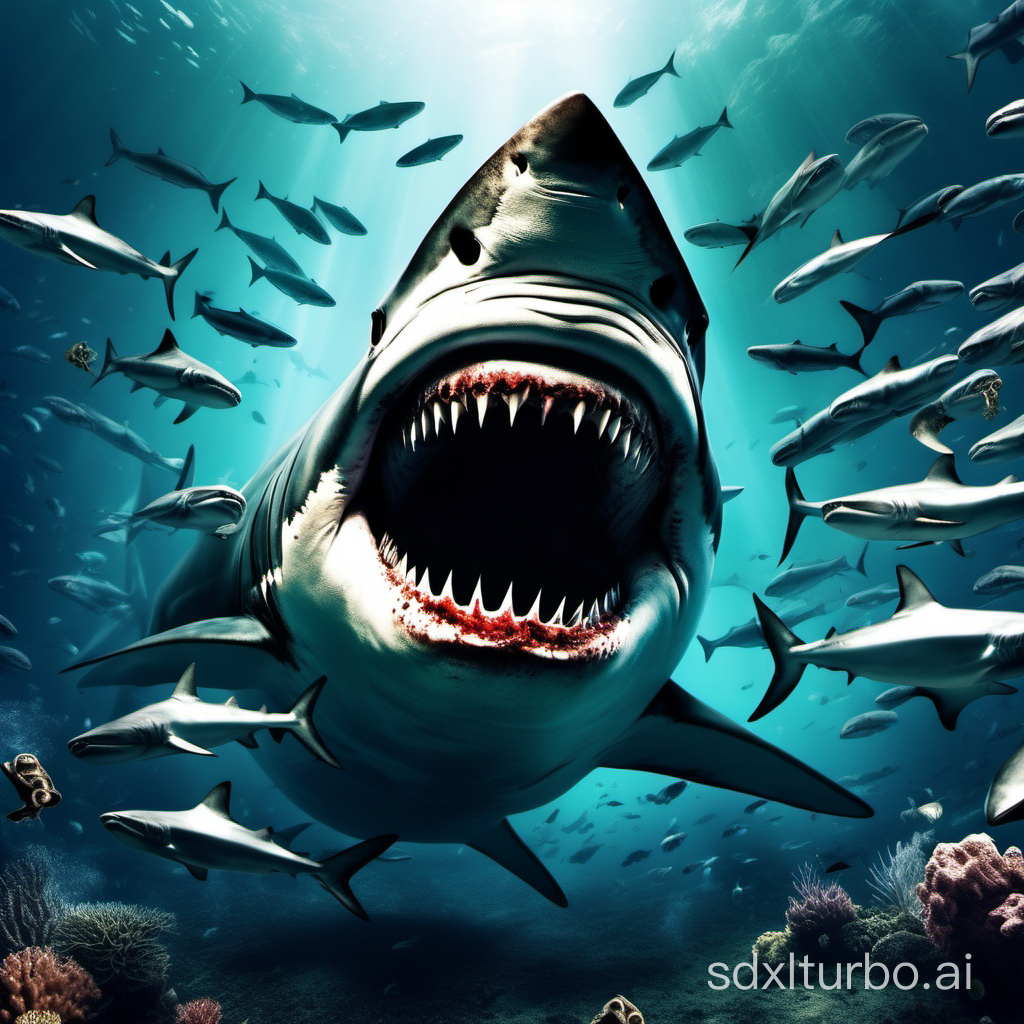 Deep sea, shark opens its mouth, facing the camera, little fish, science fiction,