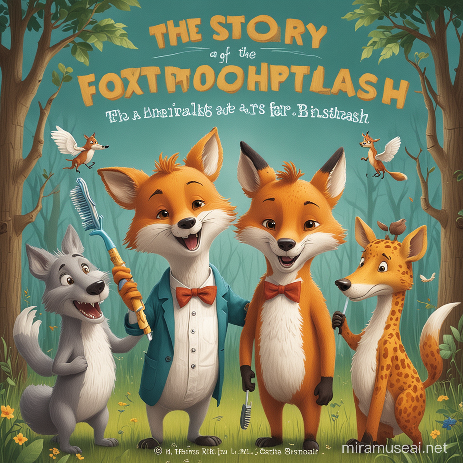 Ein Titelblatt für ein Buch mit dem Tittel: Die Geschichte vom Fuchs und der verlorenen Zahnbürste. 
Es kommen die Tierere als freundliche Freunde, Fuchs, Wolf, Bär und Frau Dr. Girafe als Zahnärztin vor. 