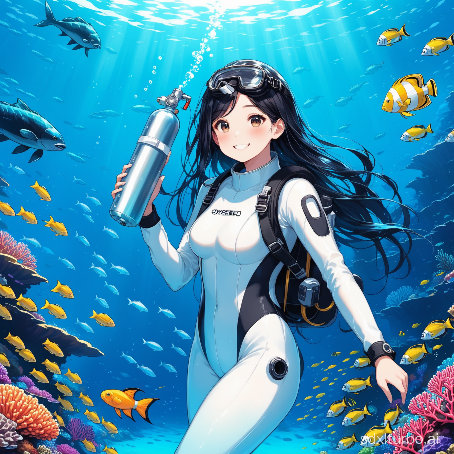 
In the deep sea, there is a girl with long black hair, beautiful, wearing a white diving suit, carrying an oxygen cylinder, wearing a smile on her face, colorful coral reefs, various fish, and seaweed,

