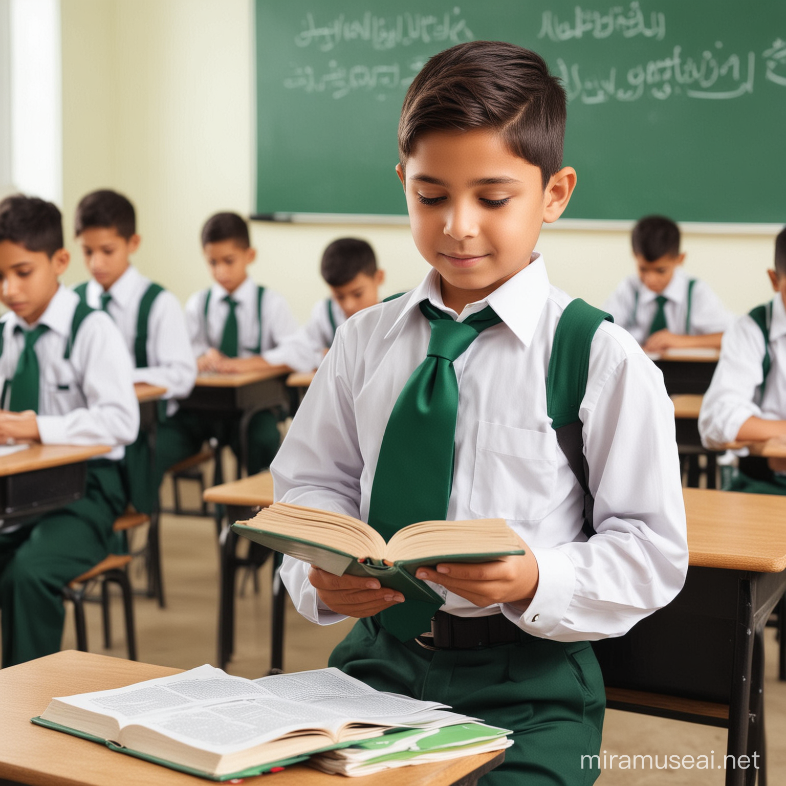 Create an image of small student in uniform having book in his hand and sitting in the classroom, there should a text in the side asking to give Zakat to support orphans. Shirt colour shouldn't be white, tie green and Pant in Black  