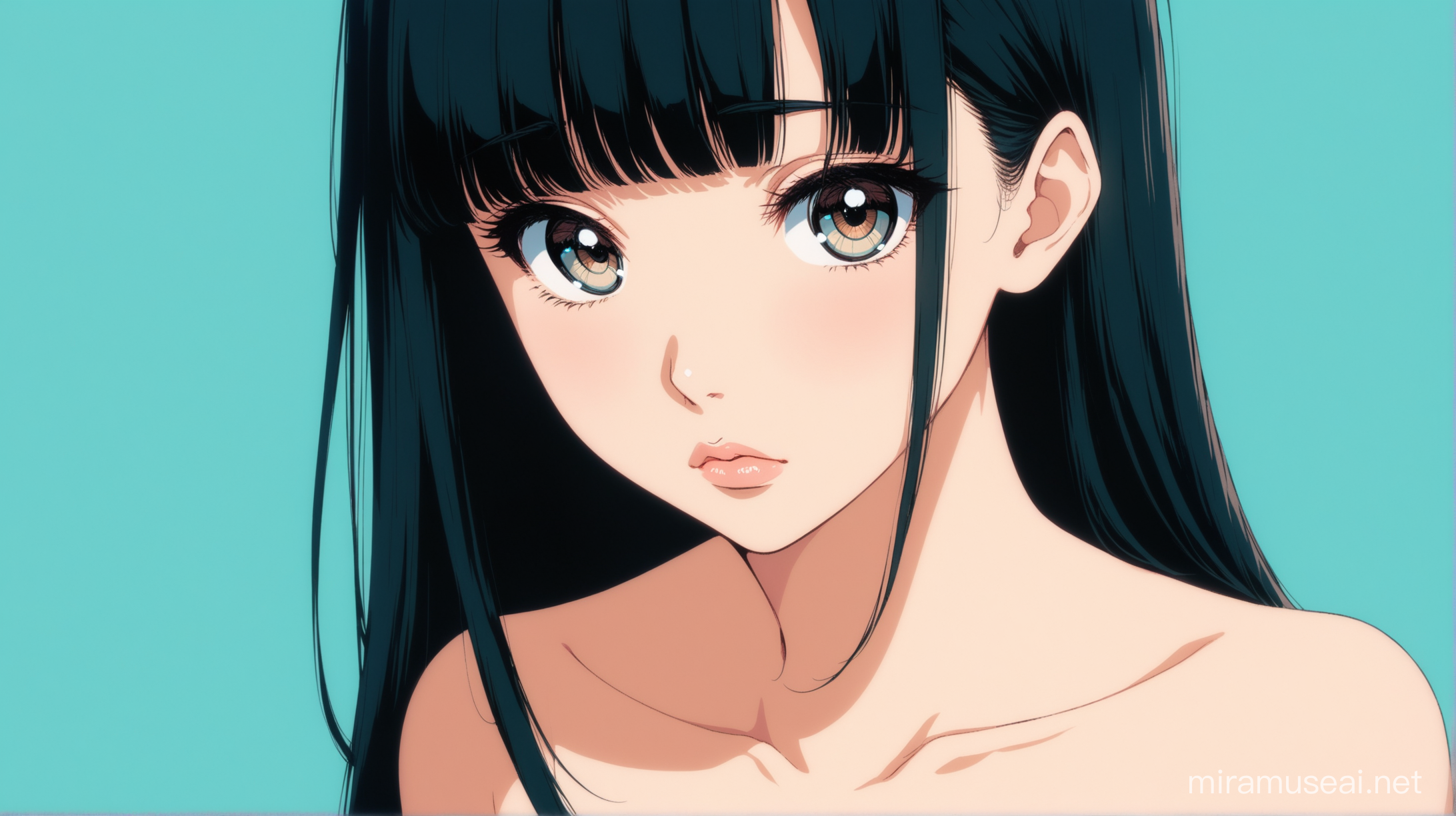 woman with modest chest looking under her eyelashes, dark brown eyes, long black hair behind her shoulders parted in the middle with blunt bangs, body facing straight forward with head tilted down to the left looking down at the bottom left, large anime eyes, nude glossy full lips slightly parted, wearing plain white shirt, anime style, pastel blue wall background, retro 90s anime look