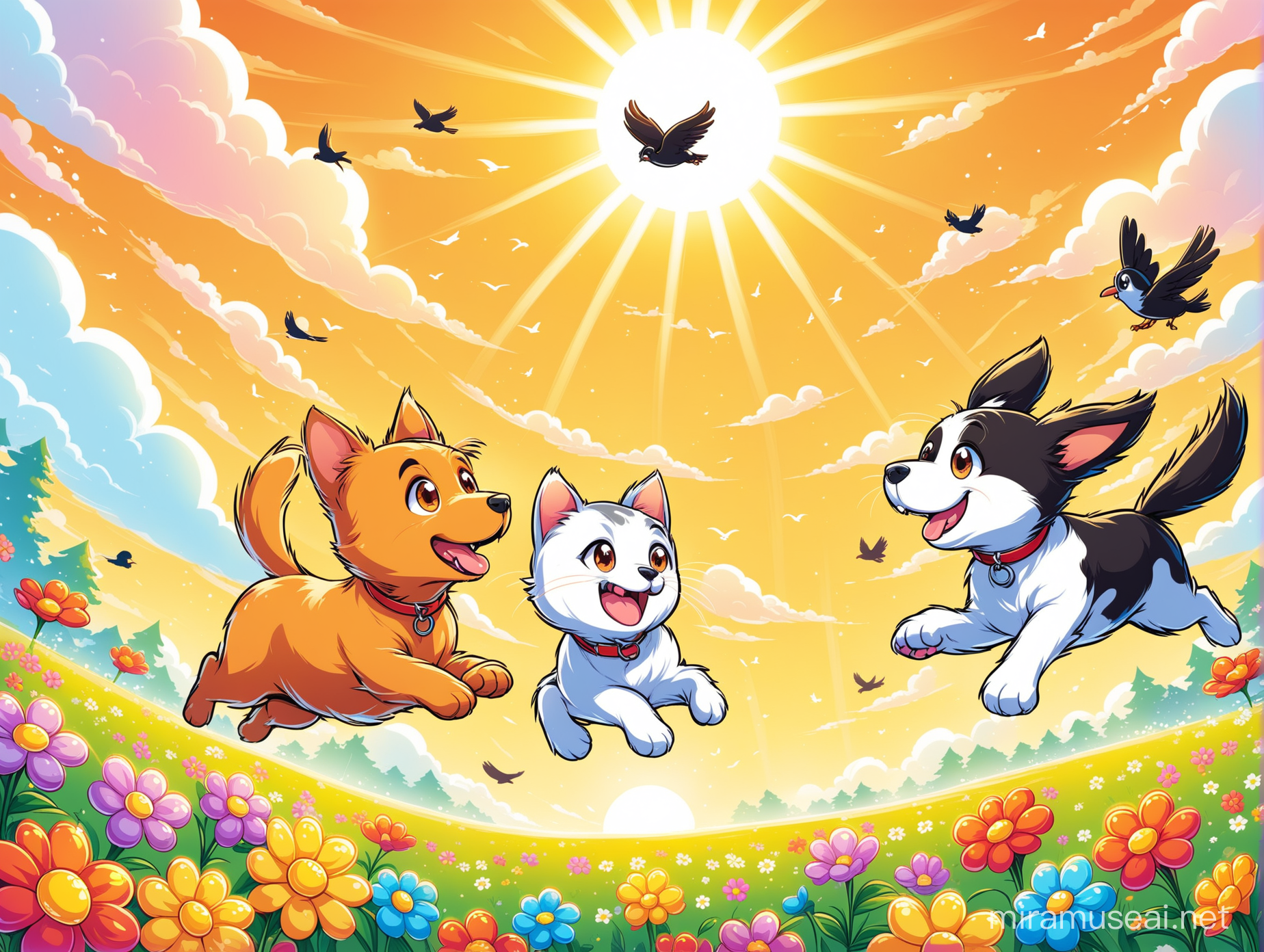 two dogs chasing a cat. colorful cartoon style. nice flowers, sun shining, birds flying