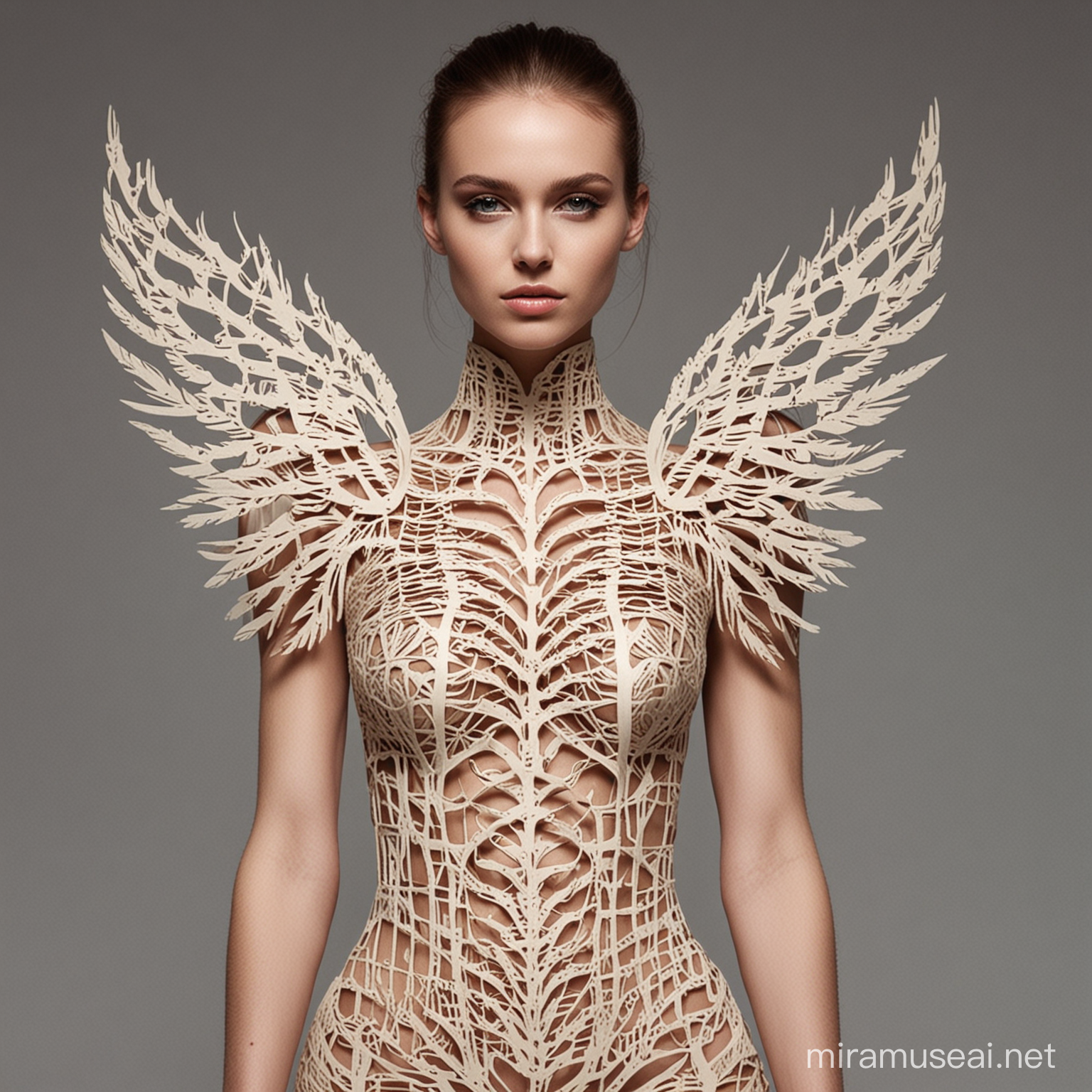 create an avant garde wearable art inspired by laser cut in  ribcage structural in some part of body and feathers look