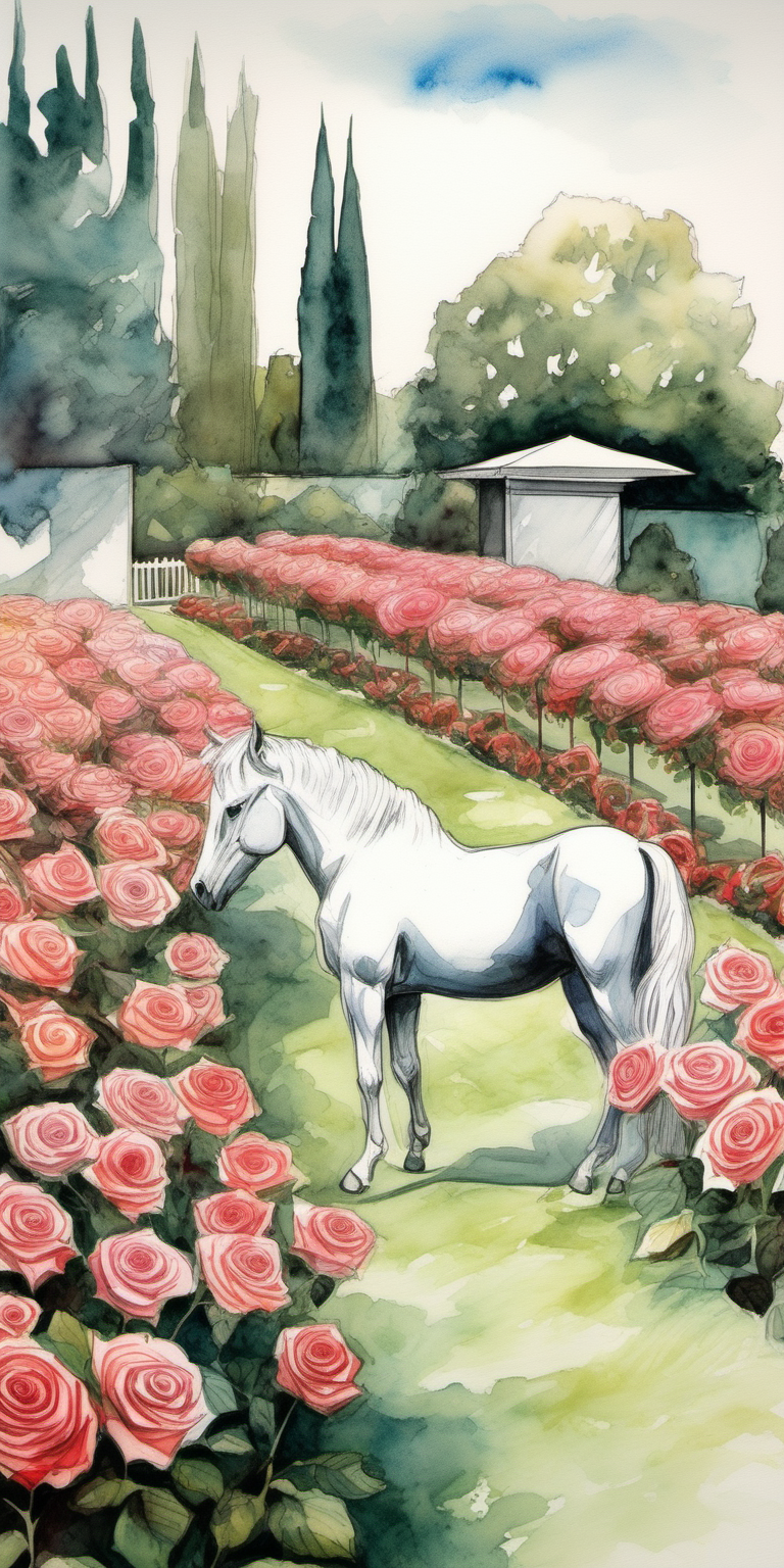 Colorful Rose Garden with Pony and Teenager Watching