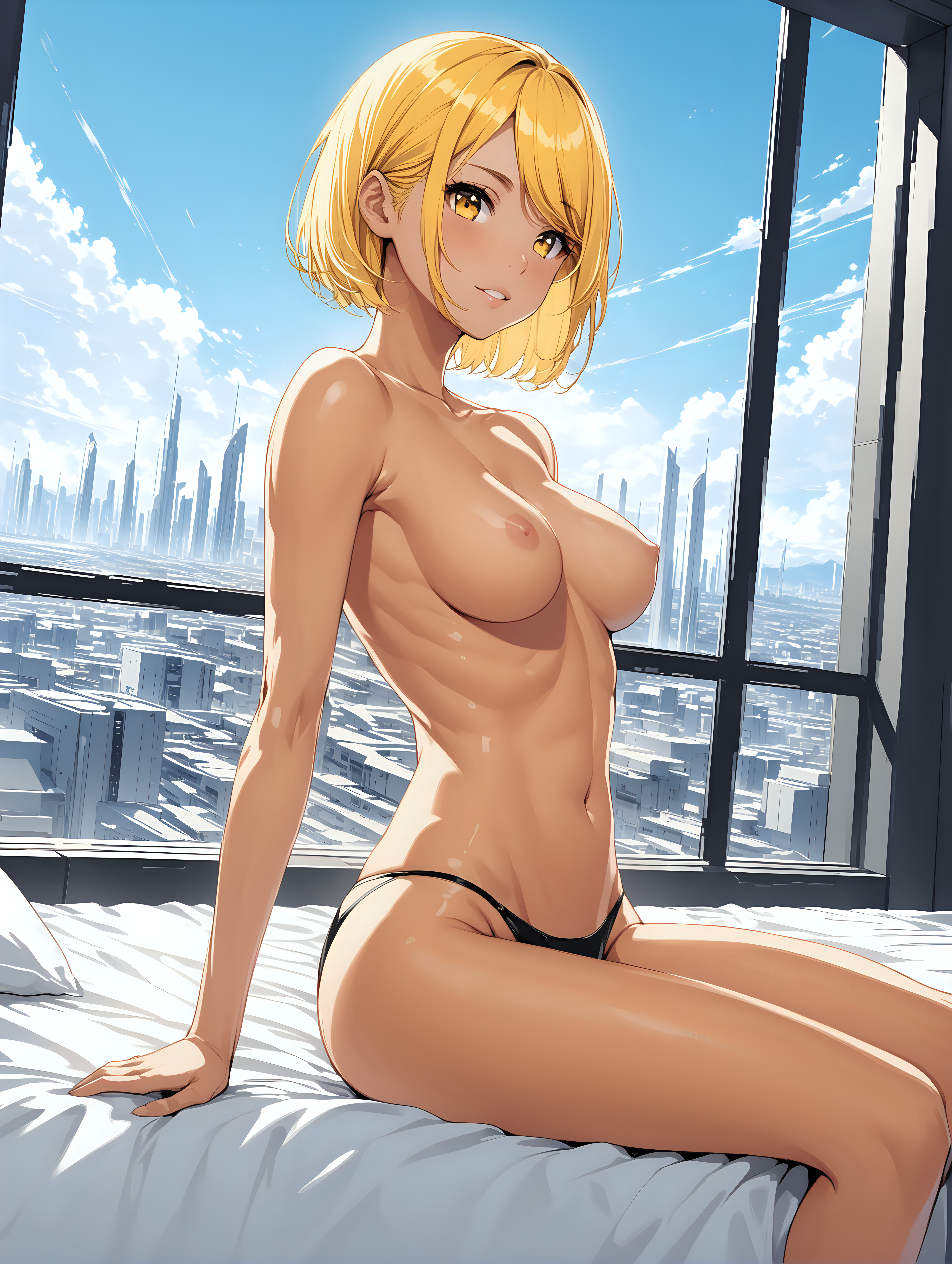 sexy fit 24 year old hero girl, short chin length yellow hair, reclining on bed in futuristic apartment, naked medium breasts, black panties, sexy toned body, blue sky and futuristic town in background through window, expression of pleasure, yellow black white 3 color minimal design