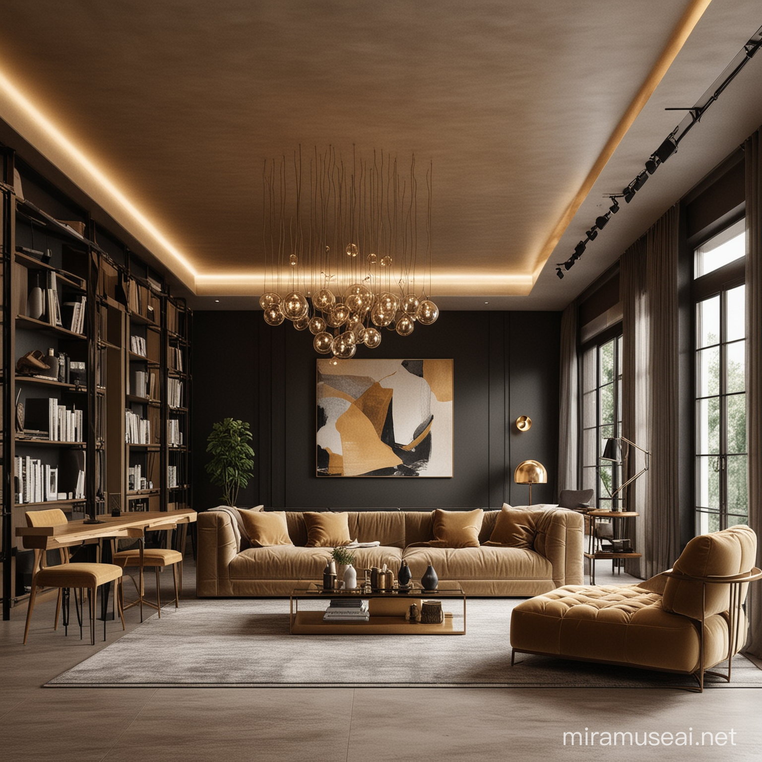 Futuristic Architectural Interior Design with Black Khaki and Gold Palette