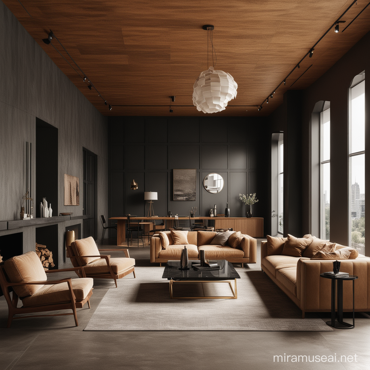 Futuristic Living Room with Black Khaki and Gold Accents