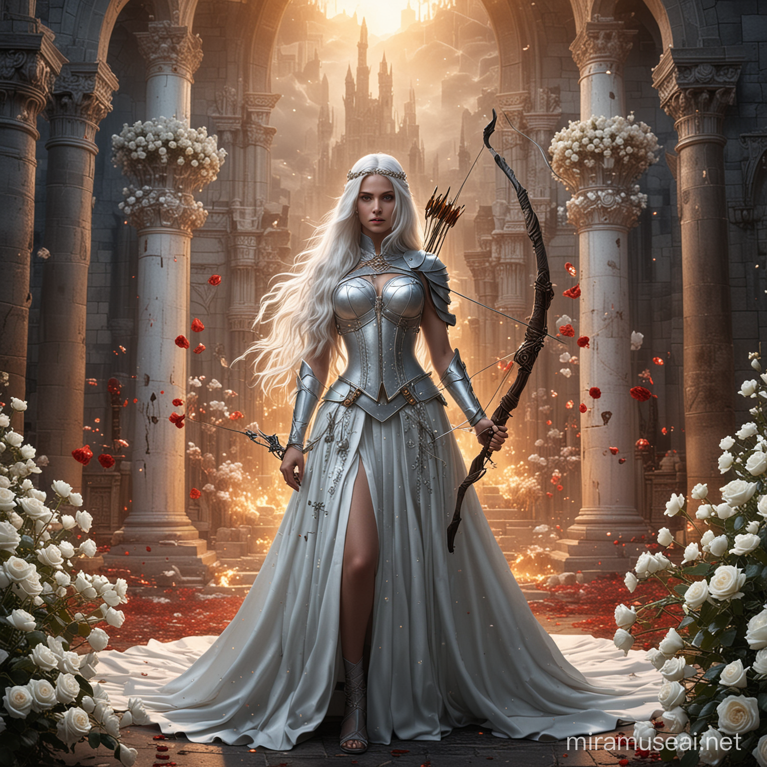 Majestic Empress Goddess in Fiery Battle Beside Throne and Castle