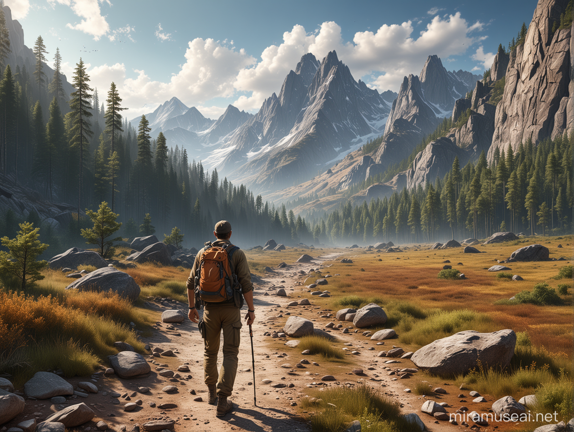 Realistic Mountain Landscape with Geologist Exploring
