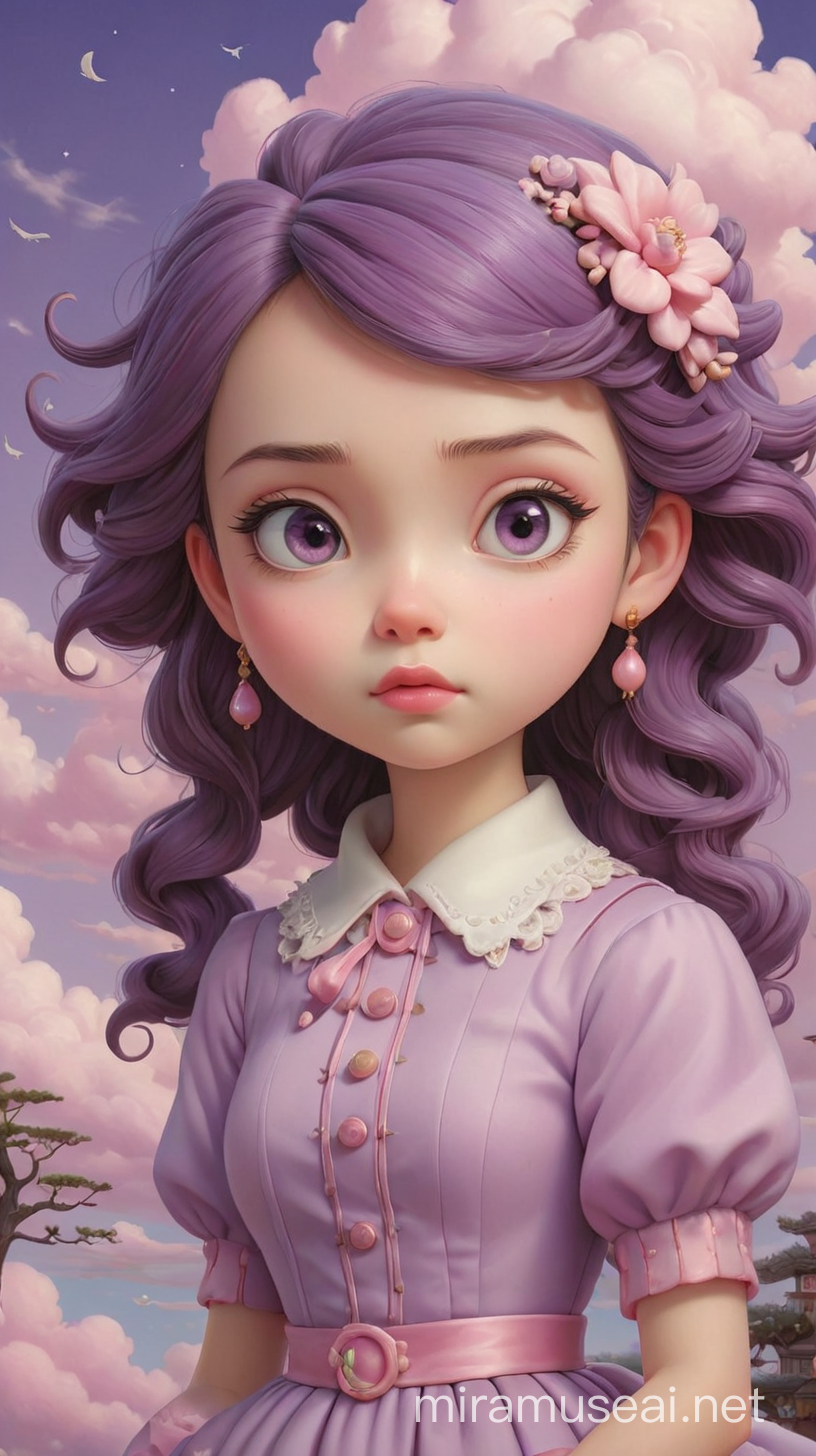 Dreamy Purple Sky with Whimsical Clouds Art Inspired by Mark Ryden and Yoshitomo Nara