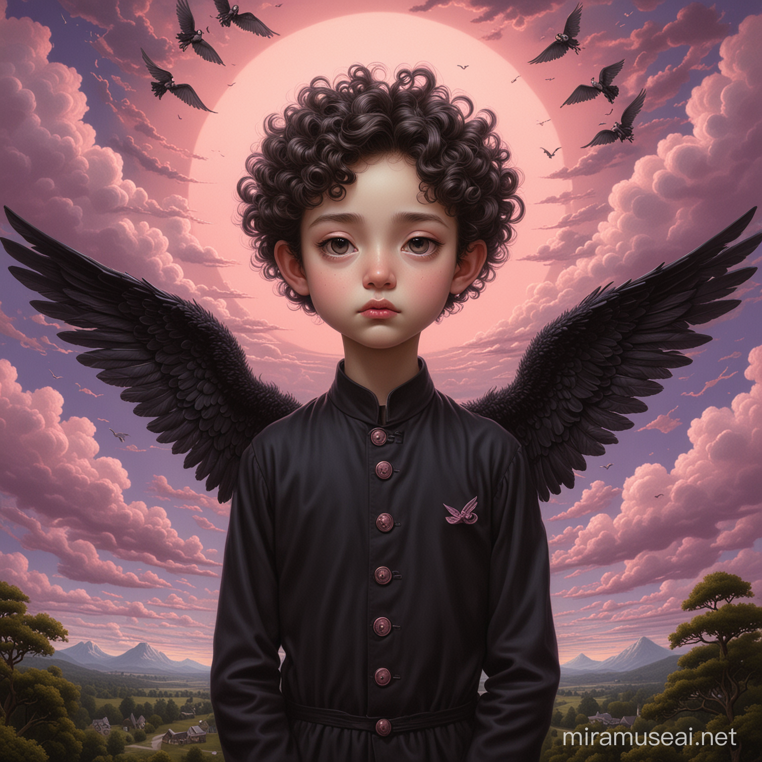 CurlyHaired Young Man with Black Wings in Mark Ryden Style Surreal Landscape