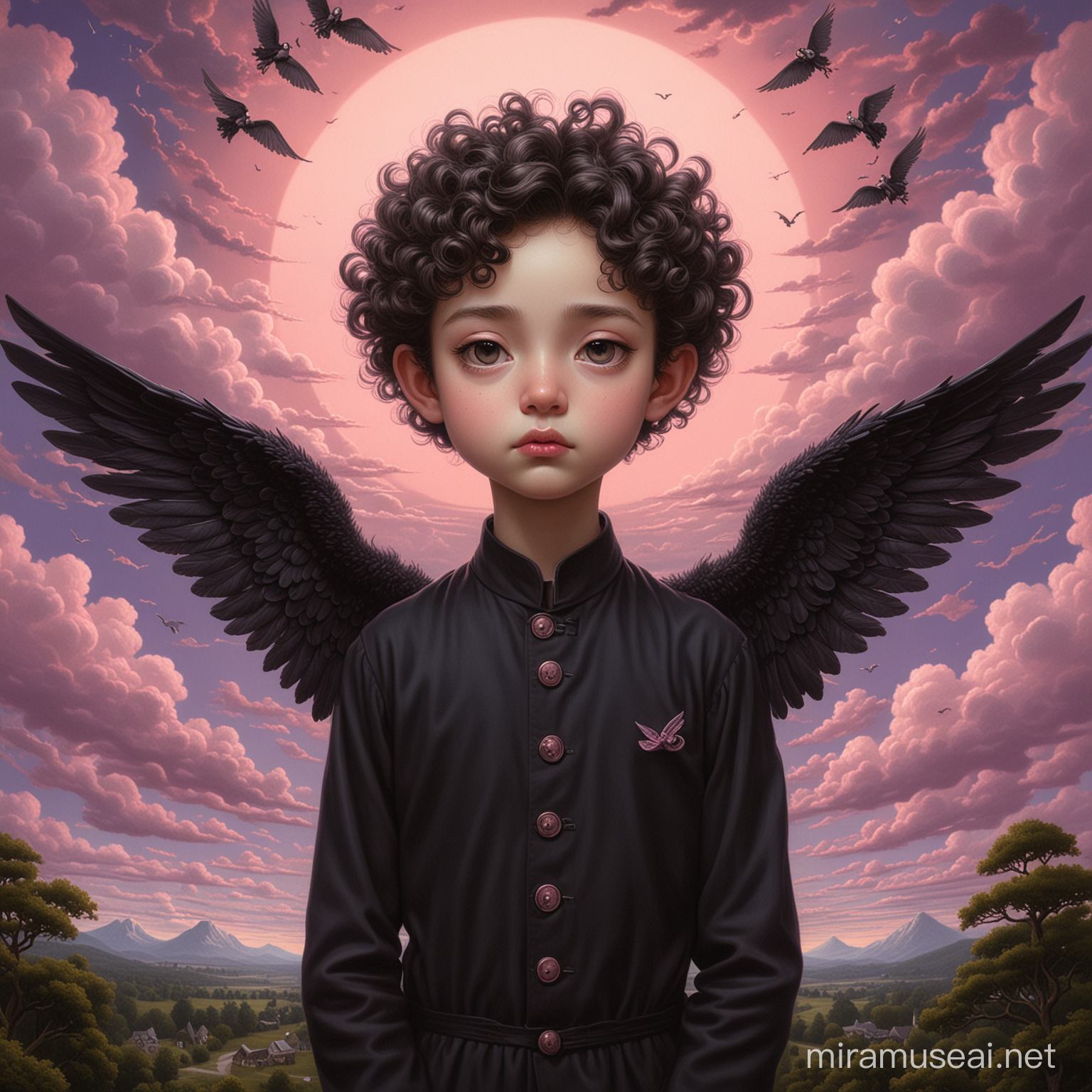 Young man, black clothes, curly hair, black wings, purple sky background with black clouds, pink, highly detailed Mark Ryden, Mark Ryden style, Mark Ryden style, Yoshitomo Nara, Mark Ryden style, inspired by Mark  Ryden, Japanese Pop Surrealism by Mark Ryden, Japanese Pop Surrealism, Art by Jana Brick, by Jason Trauka, Low Pop Surrealism