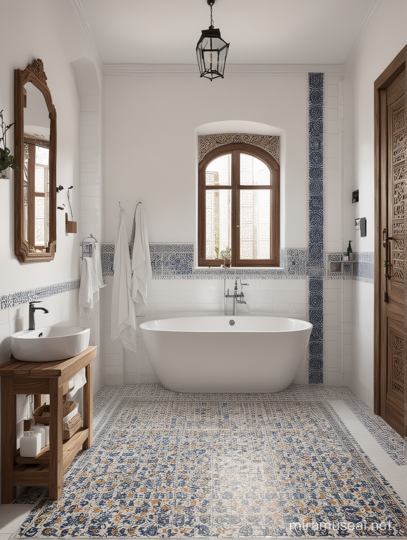 create  visualisation of bathroom in  modern mininimalistic andalusian style with andalusian accents and traditional azulejos on the floor 