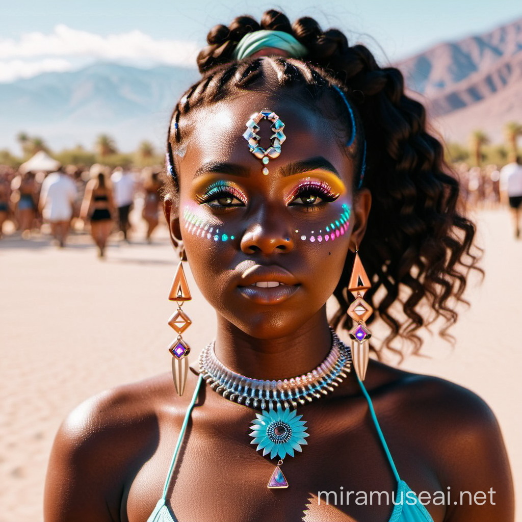 a dark skin woman with a coachella makeup
