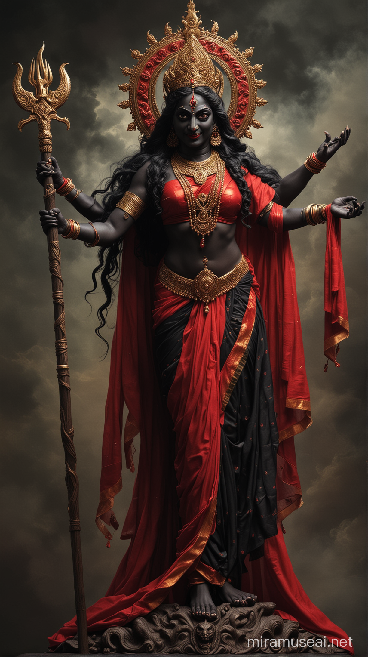 Create a scene depicting  Maa Kali stand on demon body in a victorious stance after defeating  evils Show her  over demons symbolizing her role as a protector  of negativity. Use contrasting colors like black skin and red saree to represent the duality of her nature—fierce yet compassionate.