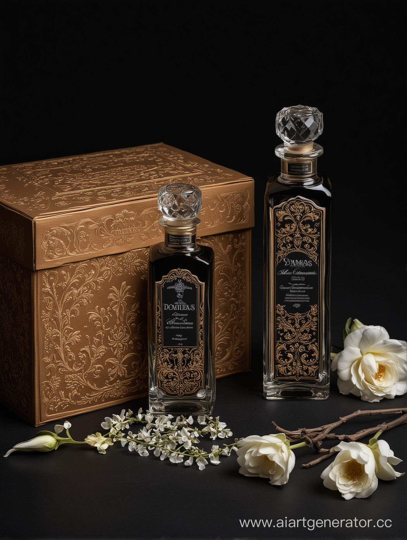 a bottle of damas cologne sitting next to a box, a flemish Baroque by Demetrios Farmakopoulos, instagram contest winner, dau-al-set, dynamic composition, contest winner, feminine
black background