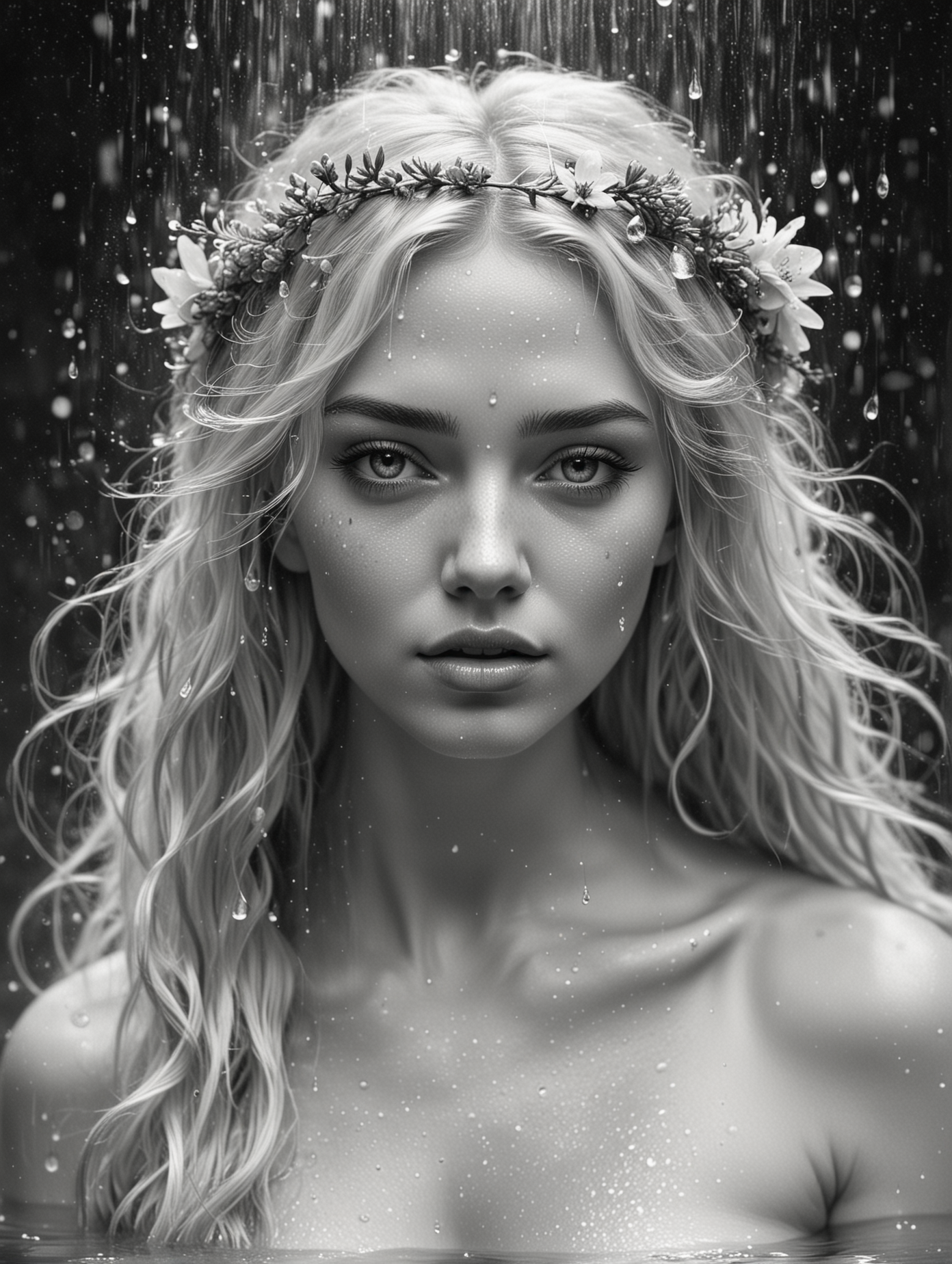 Black and white illustration of a beautiful naiad, flowers in her blond  hair, portrait, drops of water all over