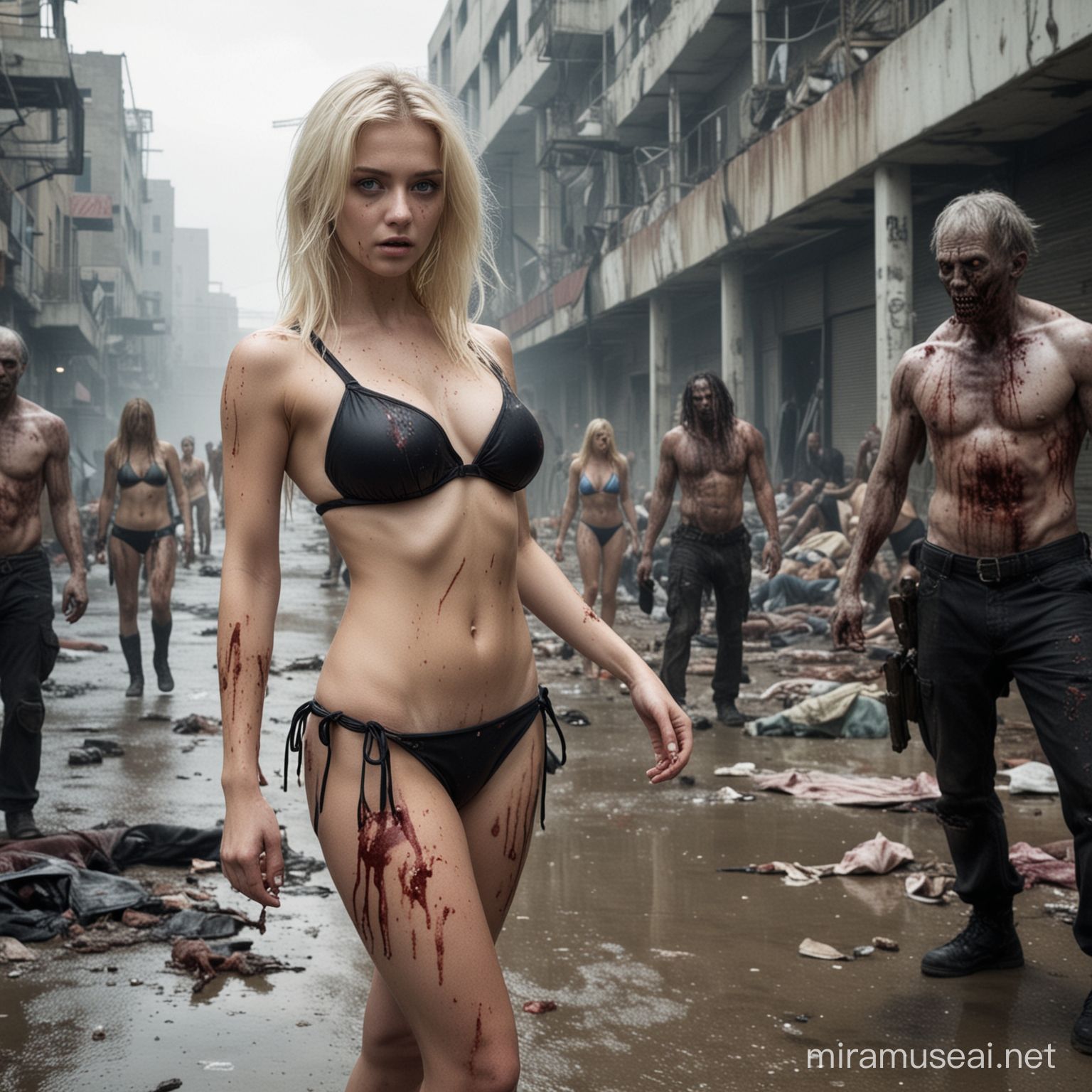 18 year old blonde girl, wearing bikini in a apocalyptic city, surrounded by zombies, wound