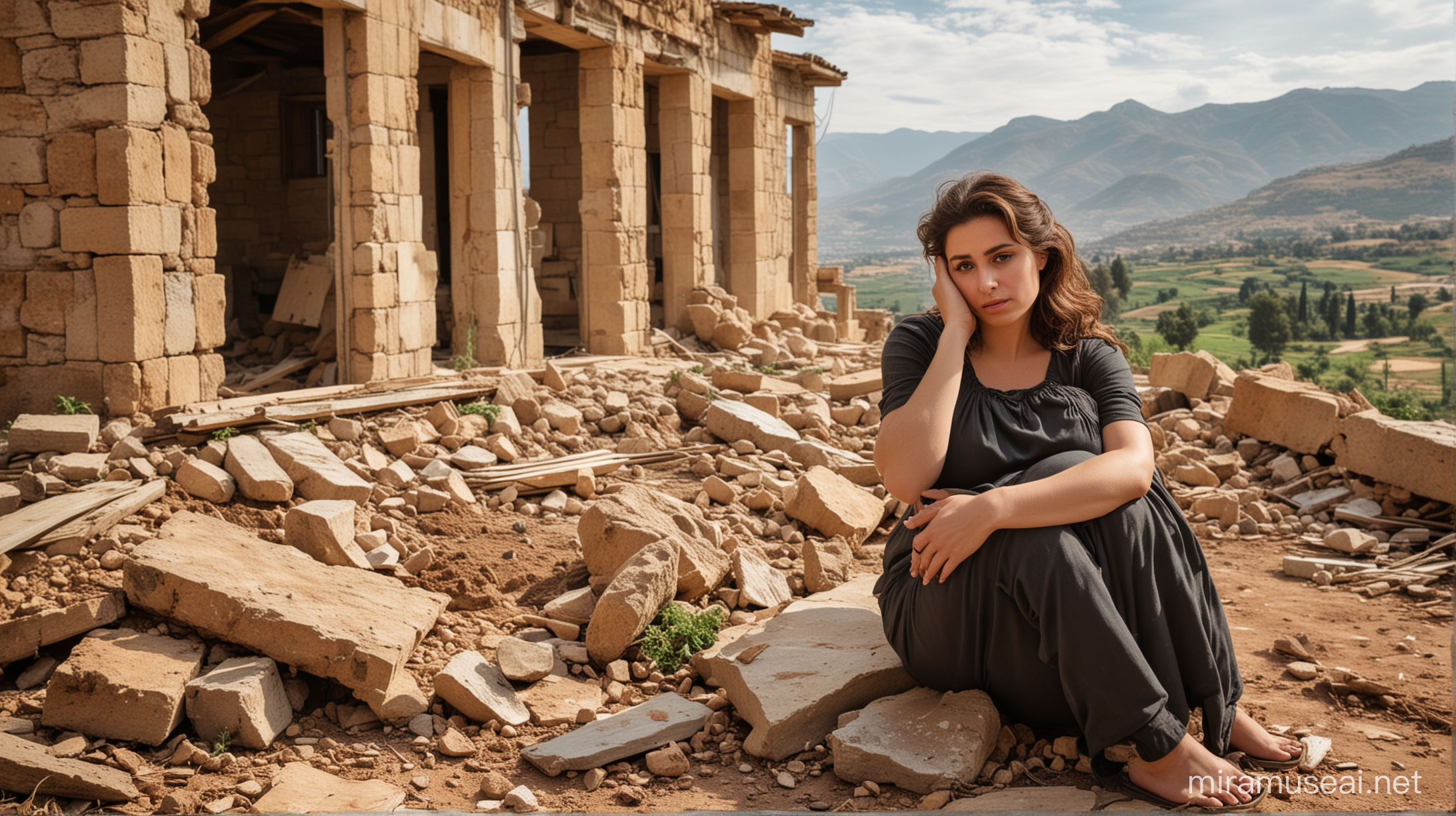 A pregnant beautiful farmer woman sad posing in a dramatic pose like in a Peter Paul Rubens painting. She is leaning towards the ground. She is sitting on the remnants of a broken destroyed southern lebanese house. Behind her is a beautiful scenery of the South of Lebanon
