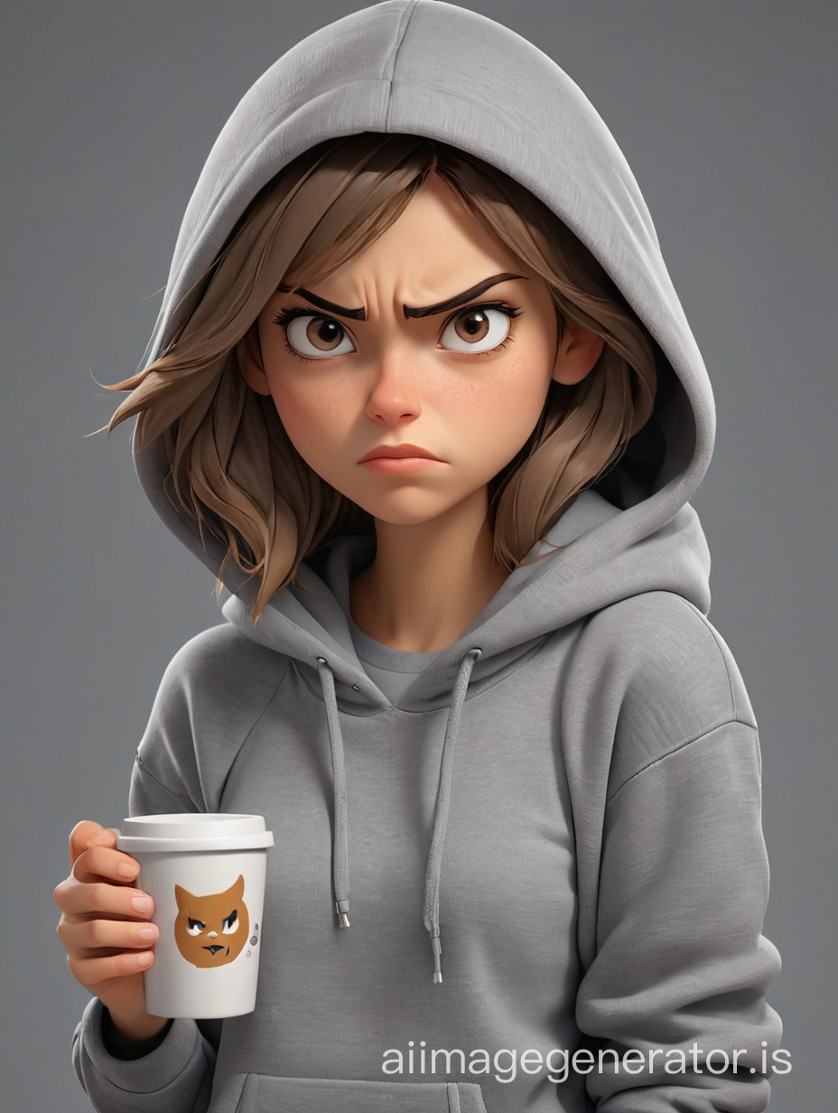 Sad girl in cartoon style, an evil angry arrogant face, with a mug of coffee in his hand, Wearing a grey hoodie, jeans, sneakers, half-body shot, the modest pose of the model,  maximum detail, best quality, HD, gorgeous light and shadow, detailed design, 3D quality