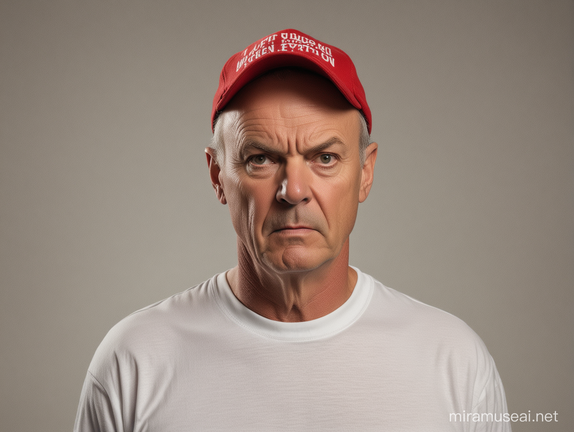 A angry old white man who looks like Micheal Keaton with red cap wearing a white  t shirt  facing forward  

