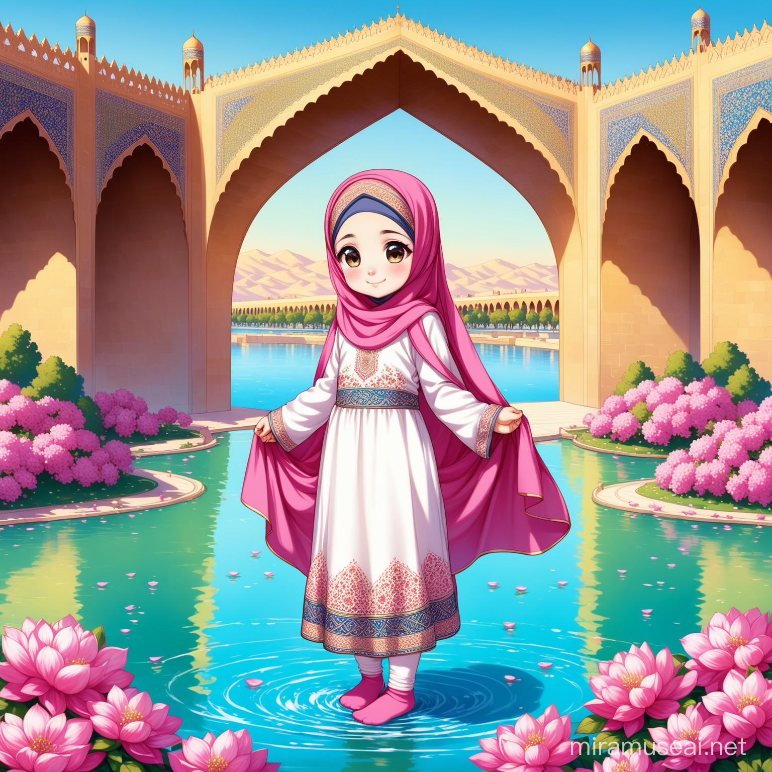 Character Persian little girl(full height, Muslim, with emphasis no hair out of veil(Hijab), smaller eyes, bigger nose, white skin, cute, smiling, wearing socks, clothes full of Persian designs).

Atmosphere Thirty-three bridges of Isfahan, nice flag of Iran proudly raised and full of many pink flowers, lake, sparing.