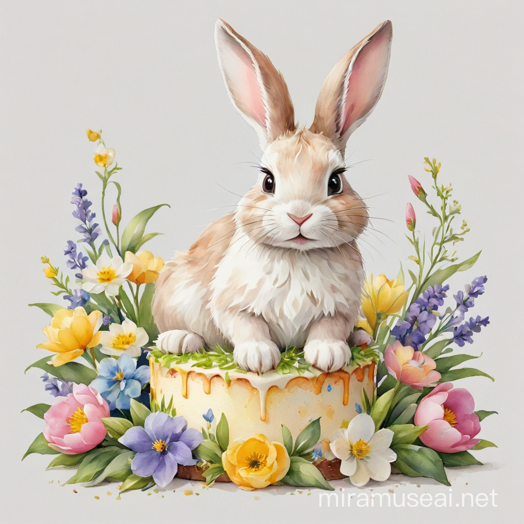 Easter Bunny Surrounded by Flowers and Easter Cake on White Background