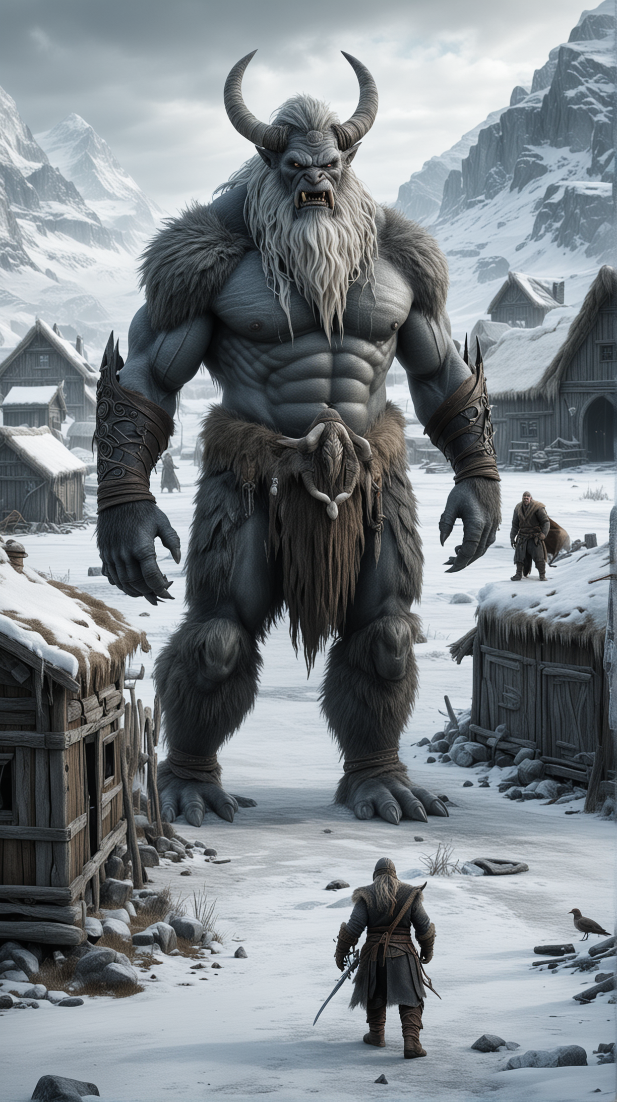Norse Mythology Creature and Monster, empty frozen village on background, photo-realistic, hyper-realistic