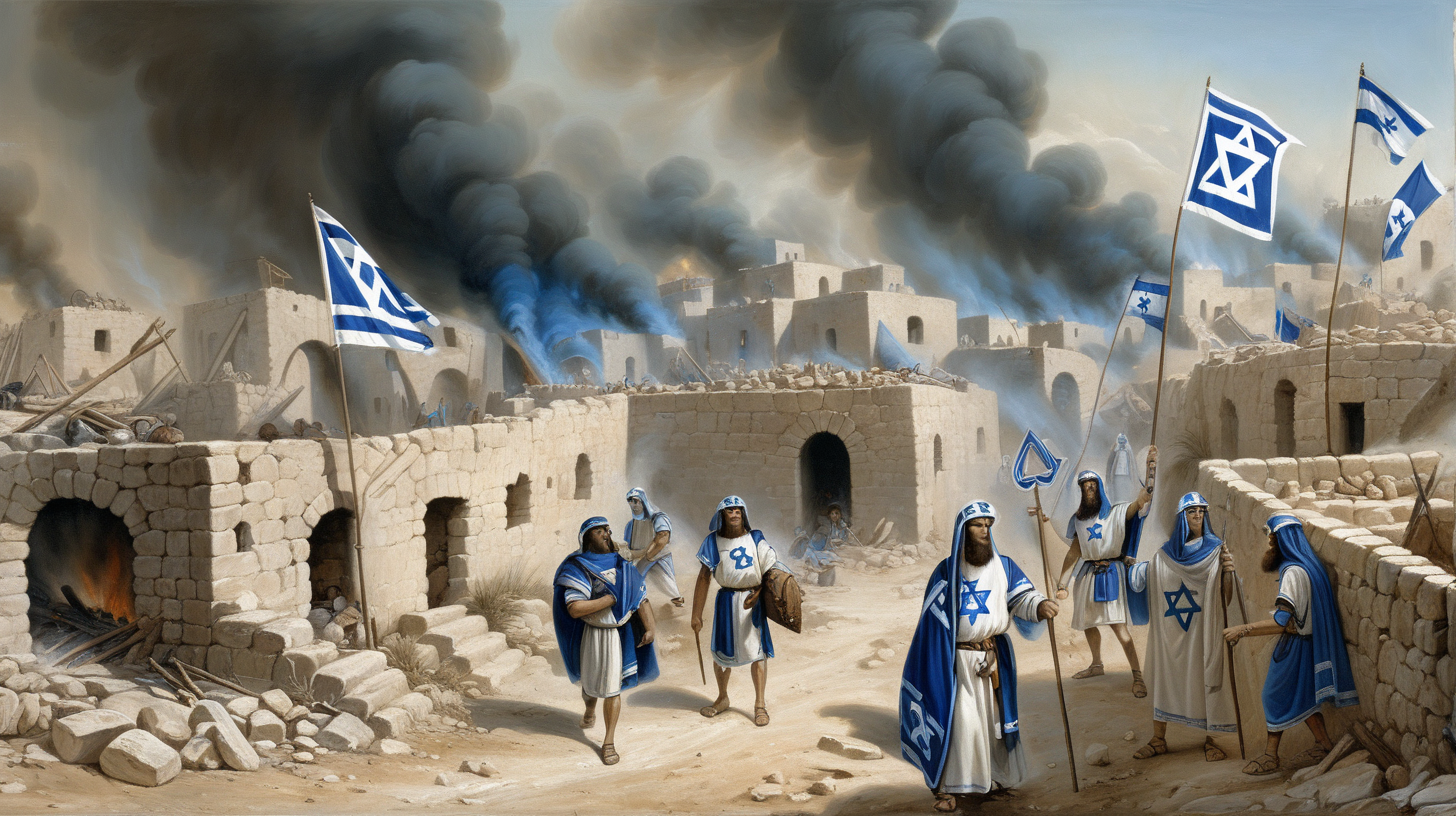 epoque biblique, un village cananéen complètement détruit par la guerre, de la fumée monte des maisons incendiées, des ruines, des maisons réduites en cendres, les soldats de l'armée d'israel habillés en bleu et blanc avec leurs boucliers blancs portant l'étoile de david bleue