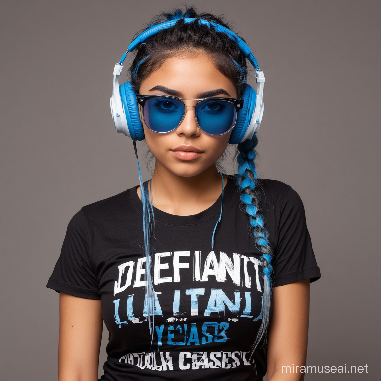 Defiant Latina 20 years old standing with arms crossed over her chest wearing headphones and cheap sunglasses with blue lenses. She has blue streak in her hair and wears a black t-shirt
