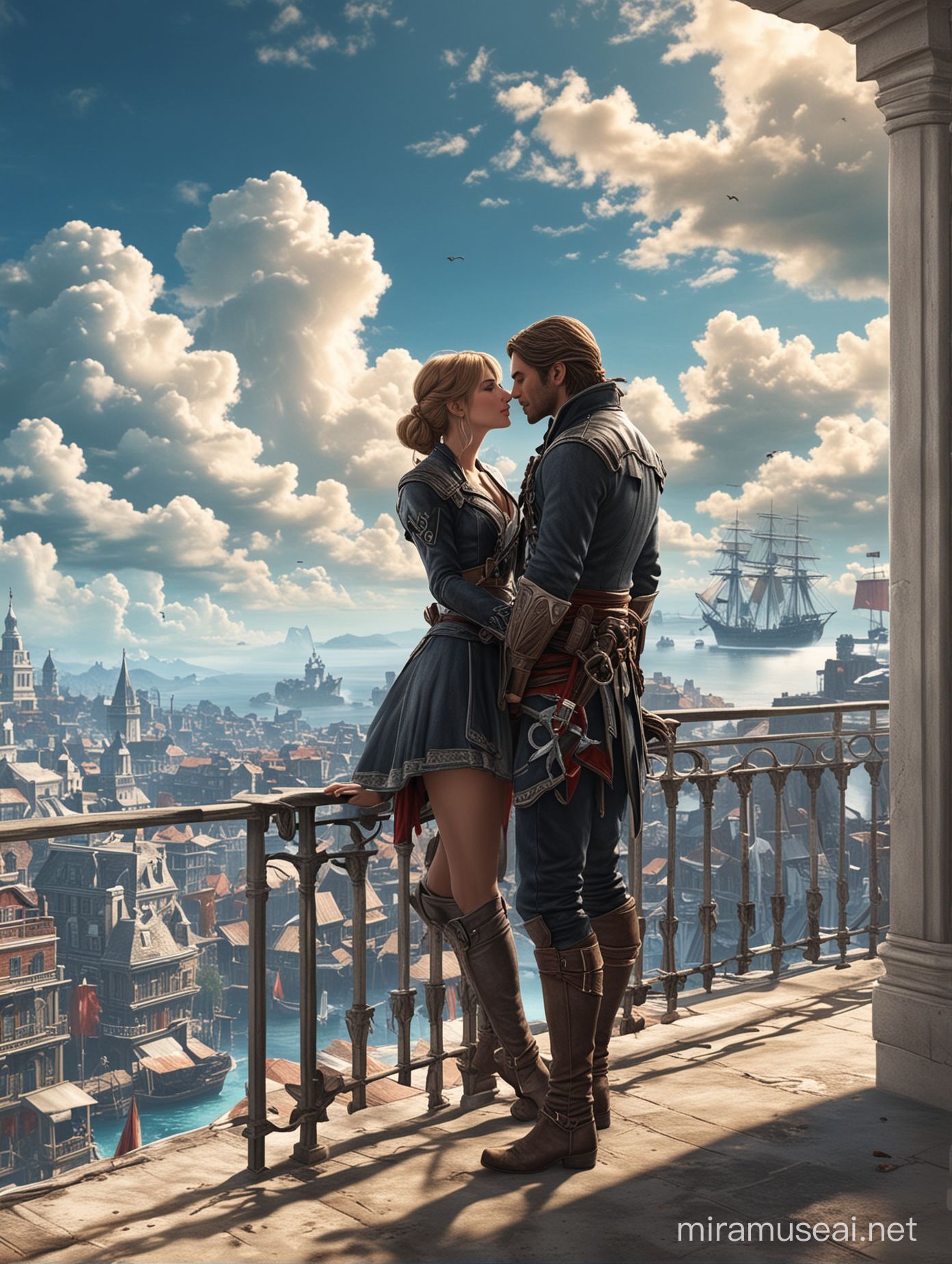 Shay patrick cormac from assassin's creed rogue on a Balcony and taylor swift kissing each other year 1750 newyork clouds blue sky background  

