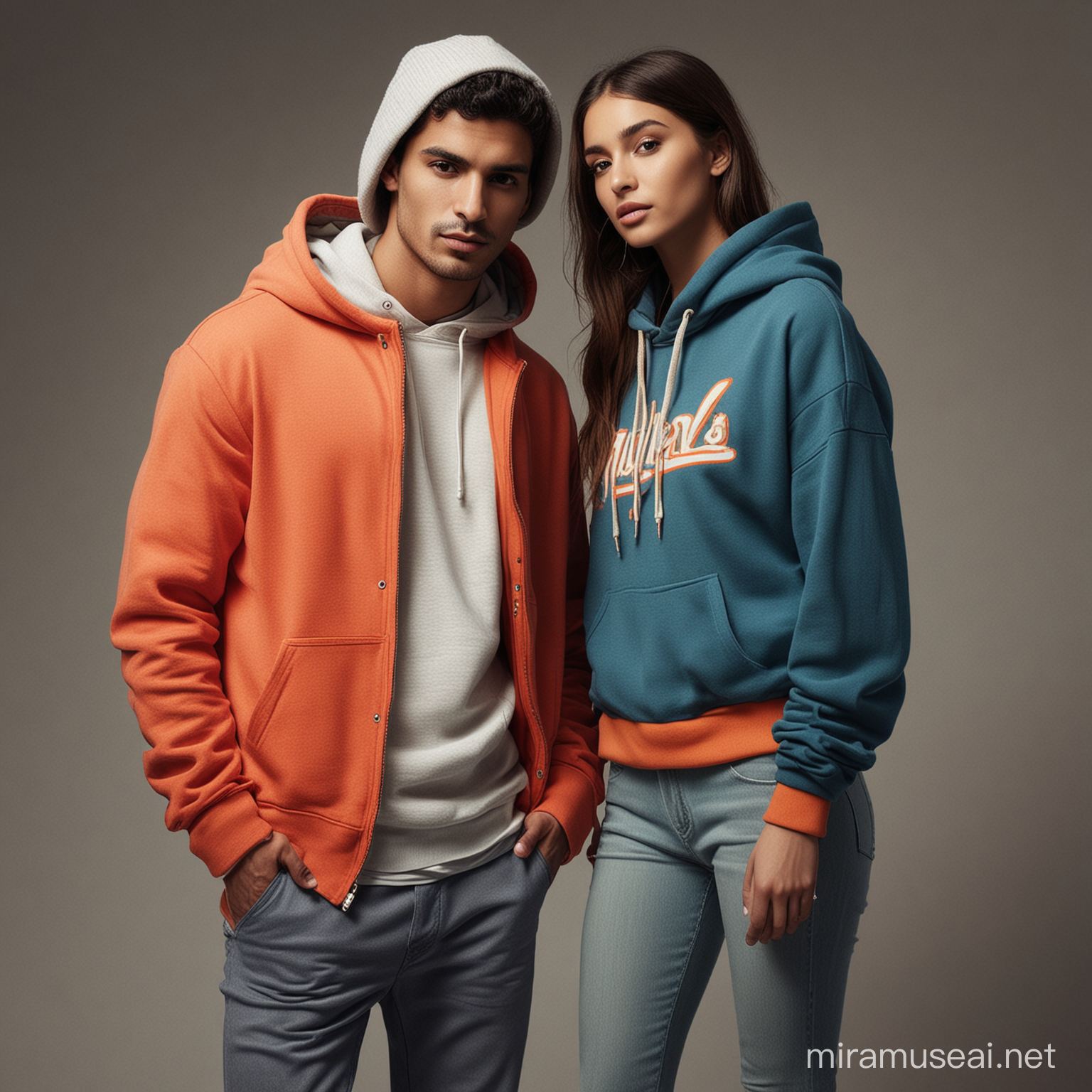 Create a detailed image of a modern fashion scene. Include a Hispanic woman and a Middle-Eastern man standing close together, illustrating a sense of intimacy and unity. They're both sporting hoodies in rich, complementary colors that exude comfort and style. The image should offer exceptional clarity and sharpness, making every detail appreciable. Let the lighting emphasize the texture of the fabric, highlighting its softness and warmth. Remember, it's not just about the contemporary fashion but also about capturing the timeless connection between these two individuals.
