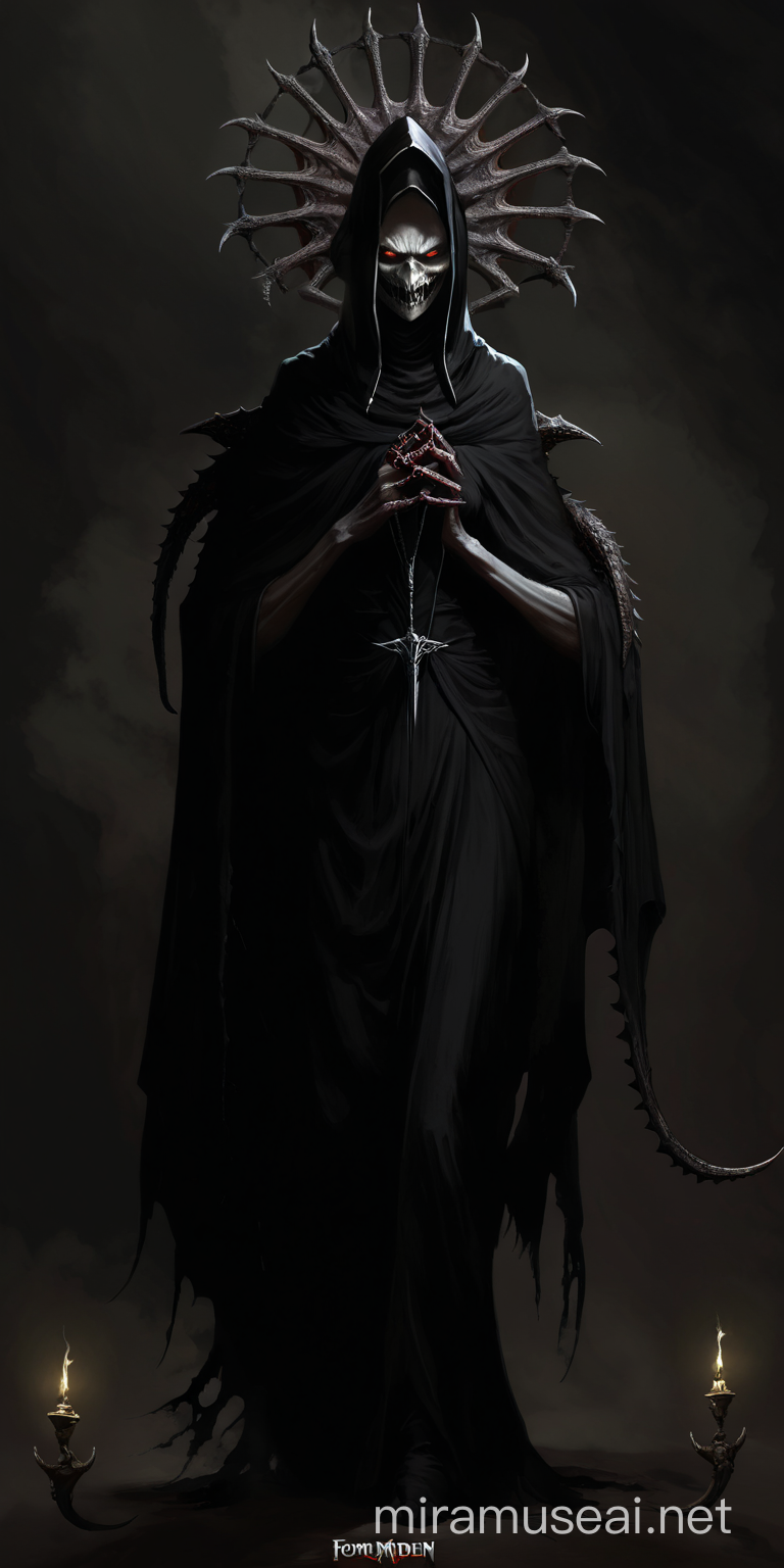 concept art, path of exile style, female nun monster, dark and macabre colorurs, small breasts, skinny female body, long limbs, ironmaiden, four arms, big maw on face, big needle teeths, dark void face, godlike being, 