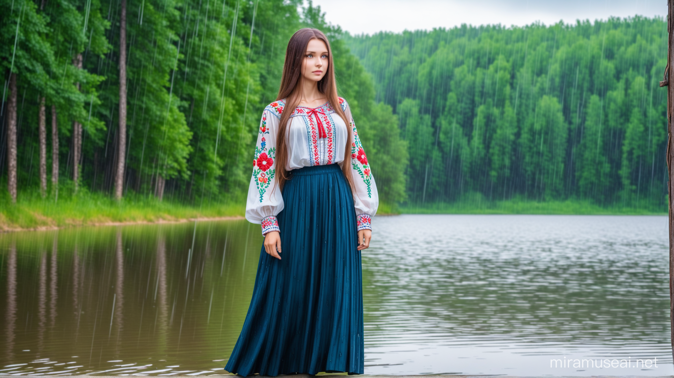 Українка з довгим волоссям в вишиванці століть на краю до озера яке стоїть у лісі, йде дощ в довгій спідниці 