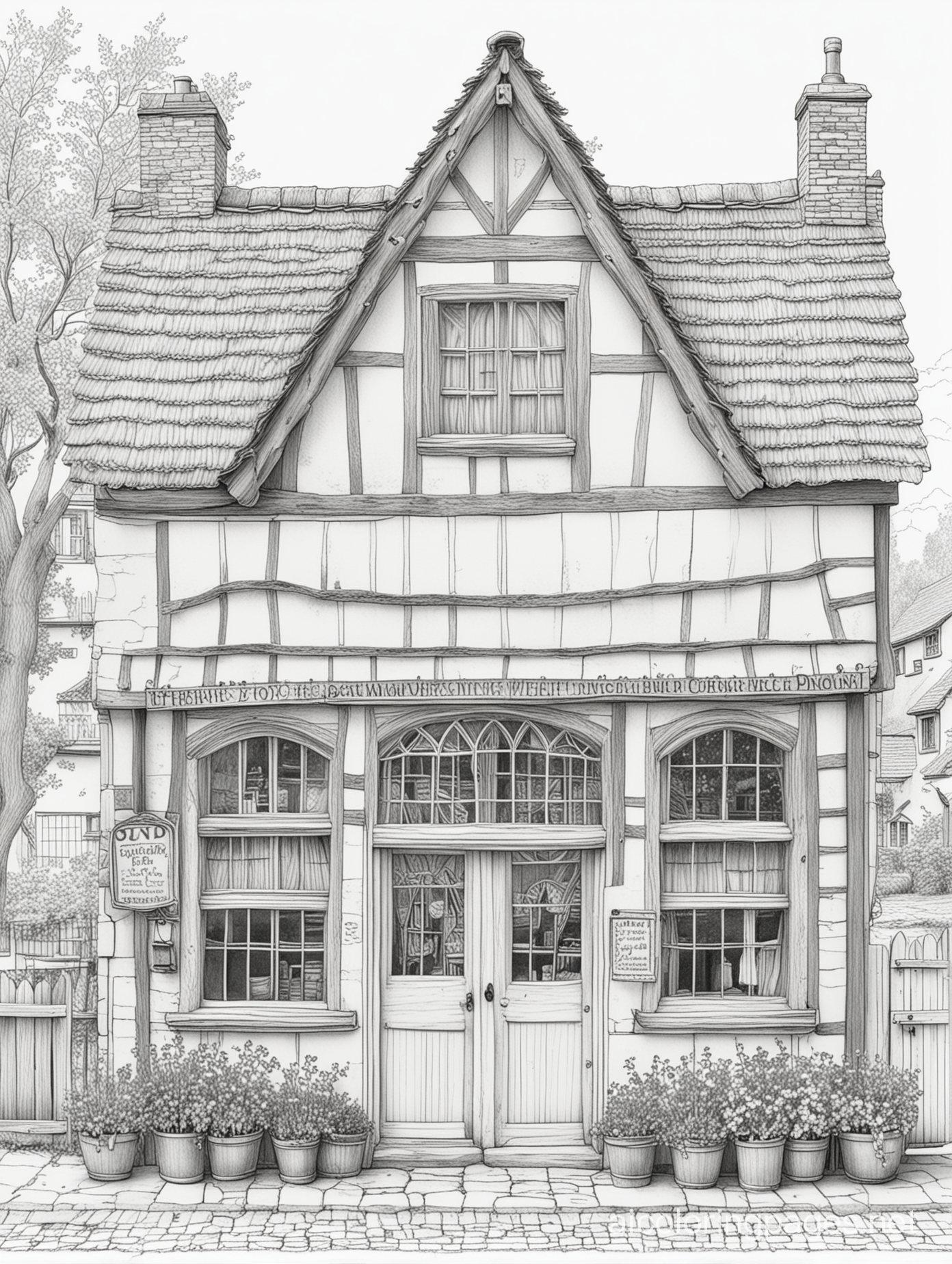 old English village shop
, Coloring Page, black and white, line art, white background, Simplicity, Ample White Space. The background of the coloring page is plain white to make it easy for young children to color within the lines. The outlines of all the subjects are easy to distinguish, making it simple for kids to color without too much difficulty