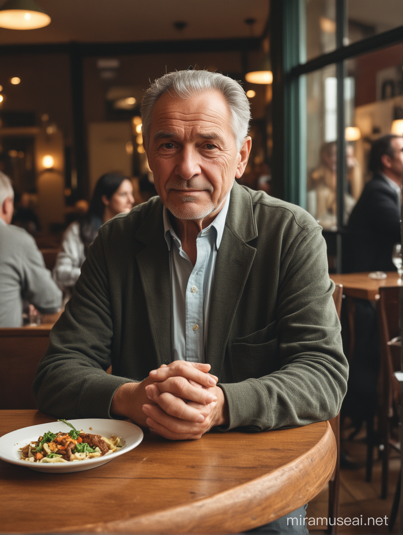En restaurang fullt med blandade folk, en äldre man i 55 års åldern sitter vid ett bord ensam.