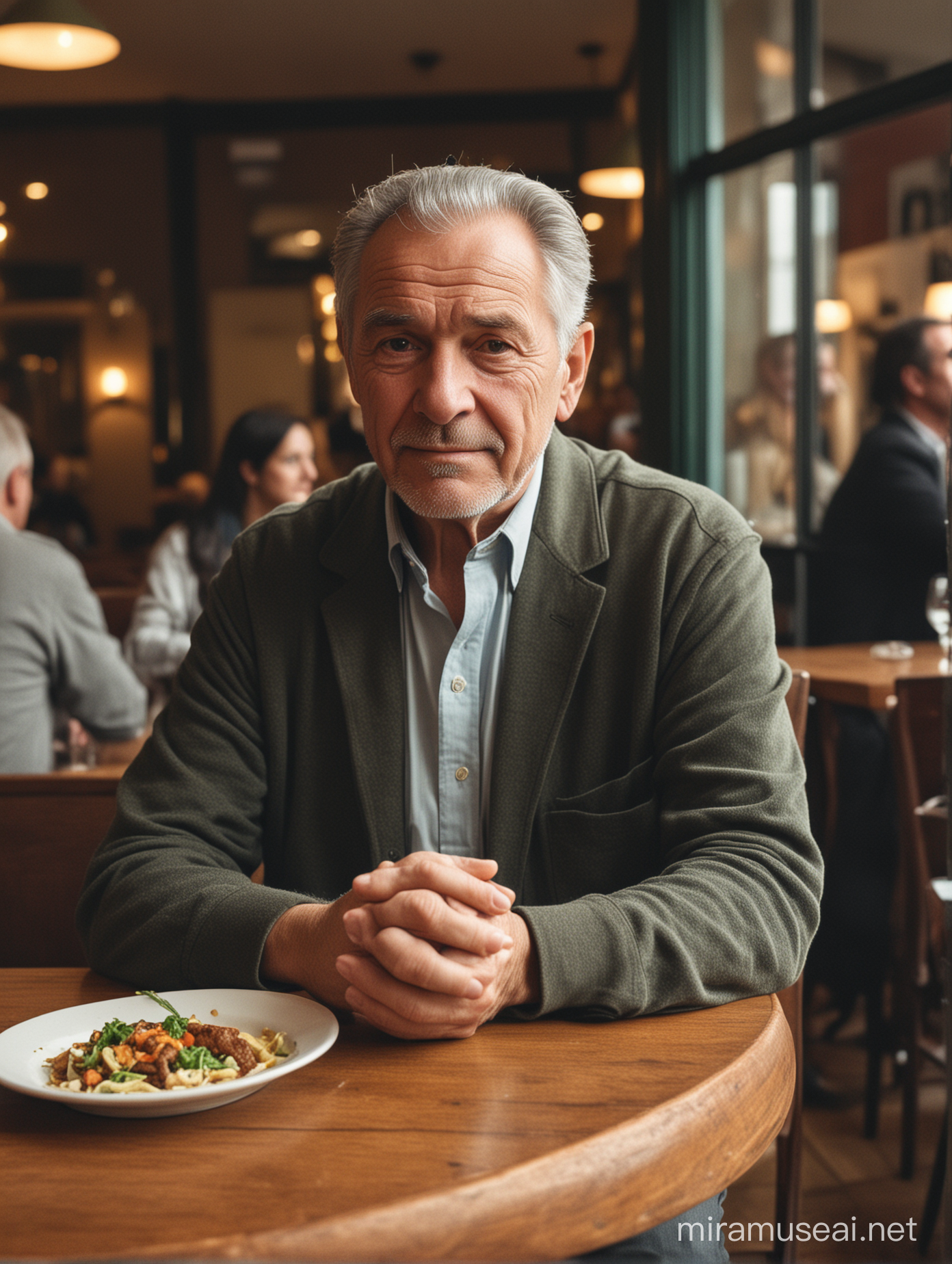 Diverse Crowd Dining Solitary Elderly Patron