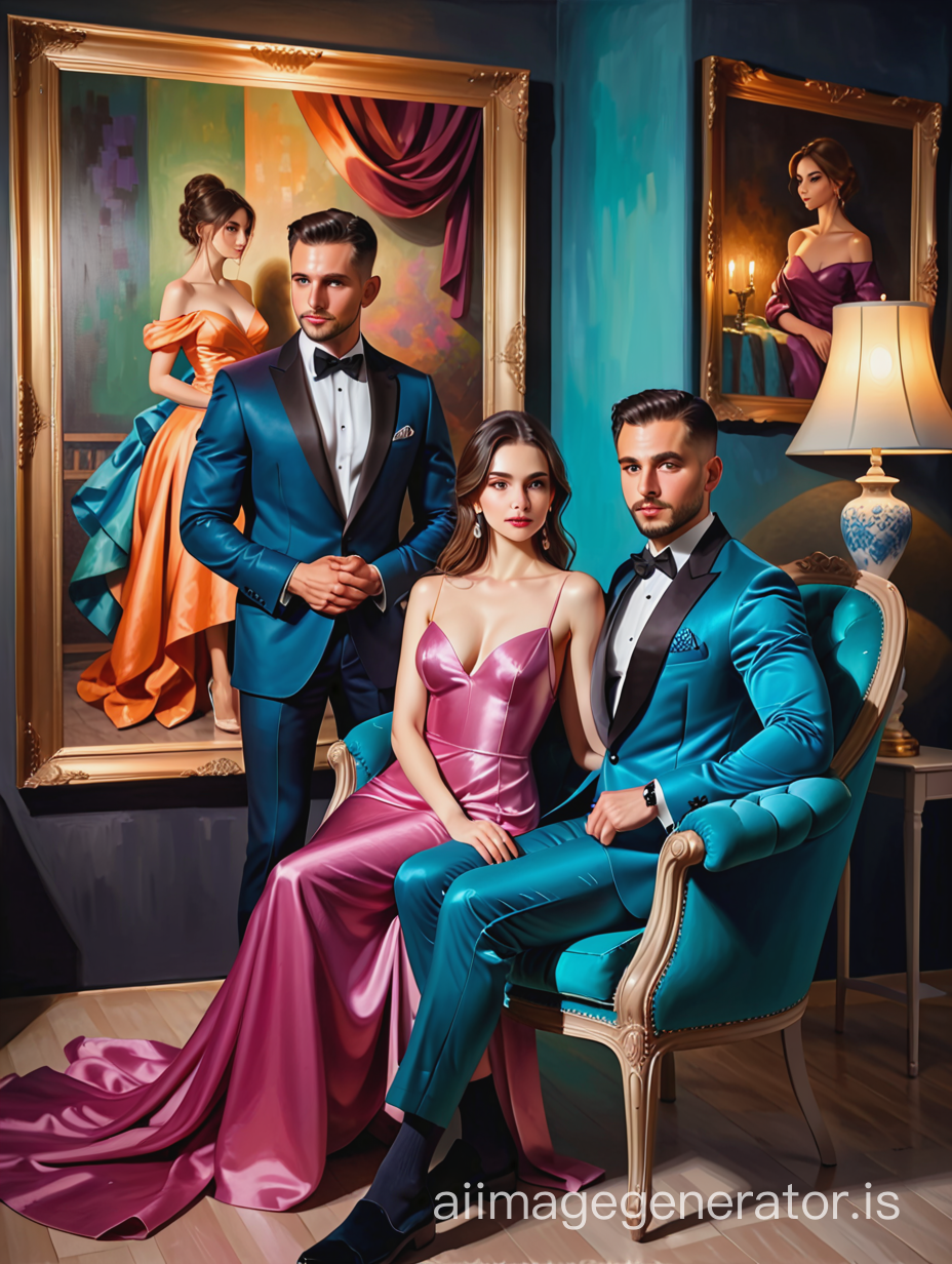 luxury, colors, modern style, garden, a man in a jacket sits in an armchair, next to stands a woman in an evening dress, putting her hand on the man's shoulder, the painting is made in the artistic style of oil paints