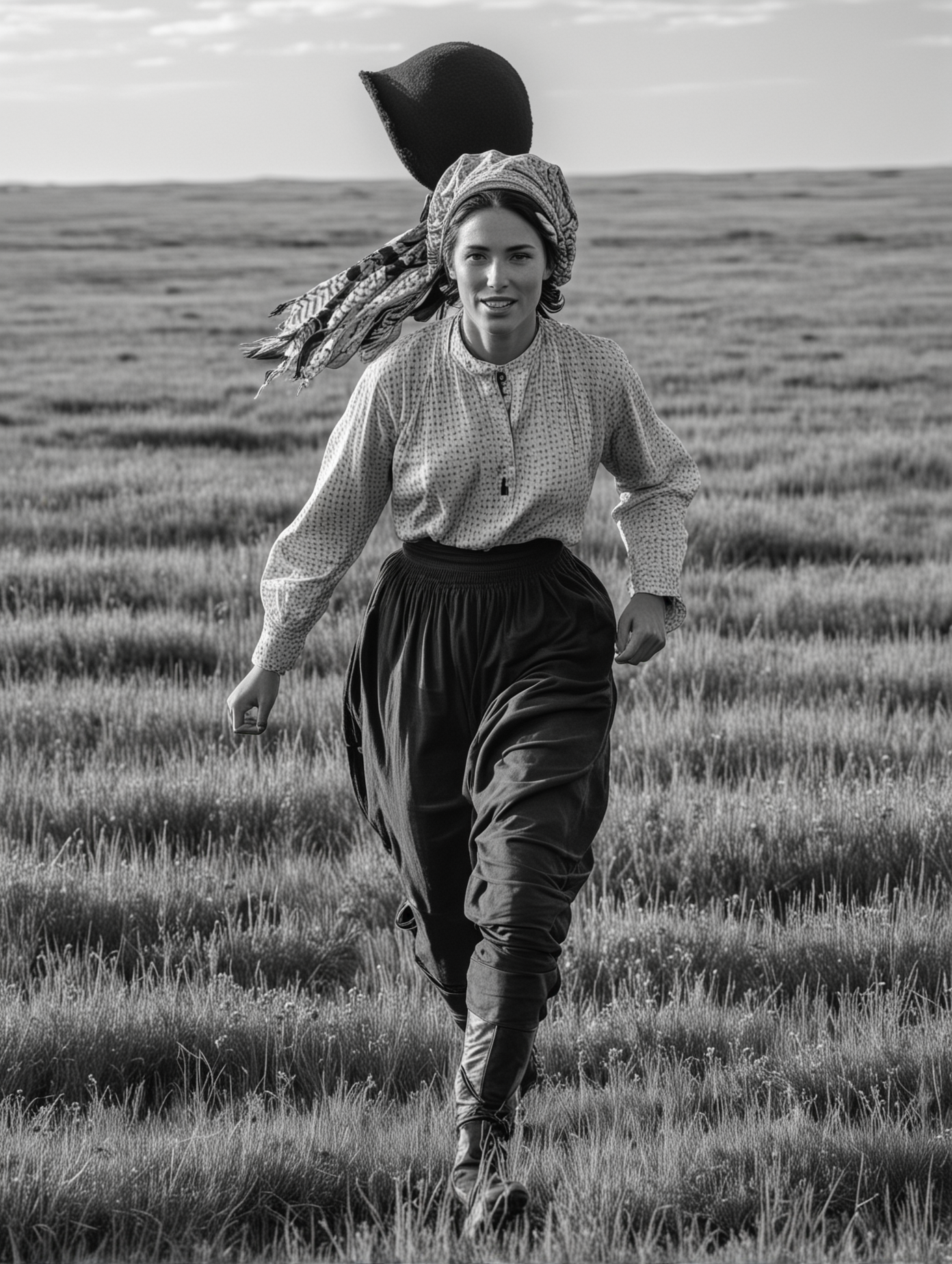 A woman runs through the prairie. She is a pioneer and wears a bonnet. There are buffalo in the background. she is seen from the side. In black and white. 
