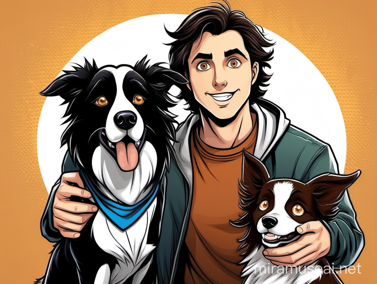 create a guy with blue eye, short hair  and a dark hair girl with brown eyes holding a border collie in dc comics style both adults