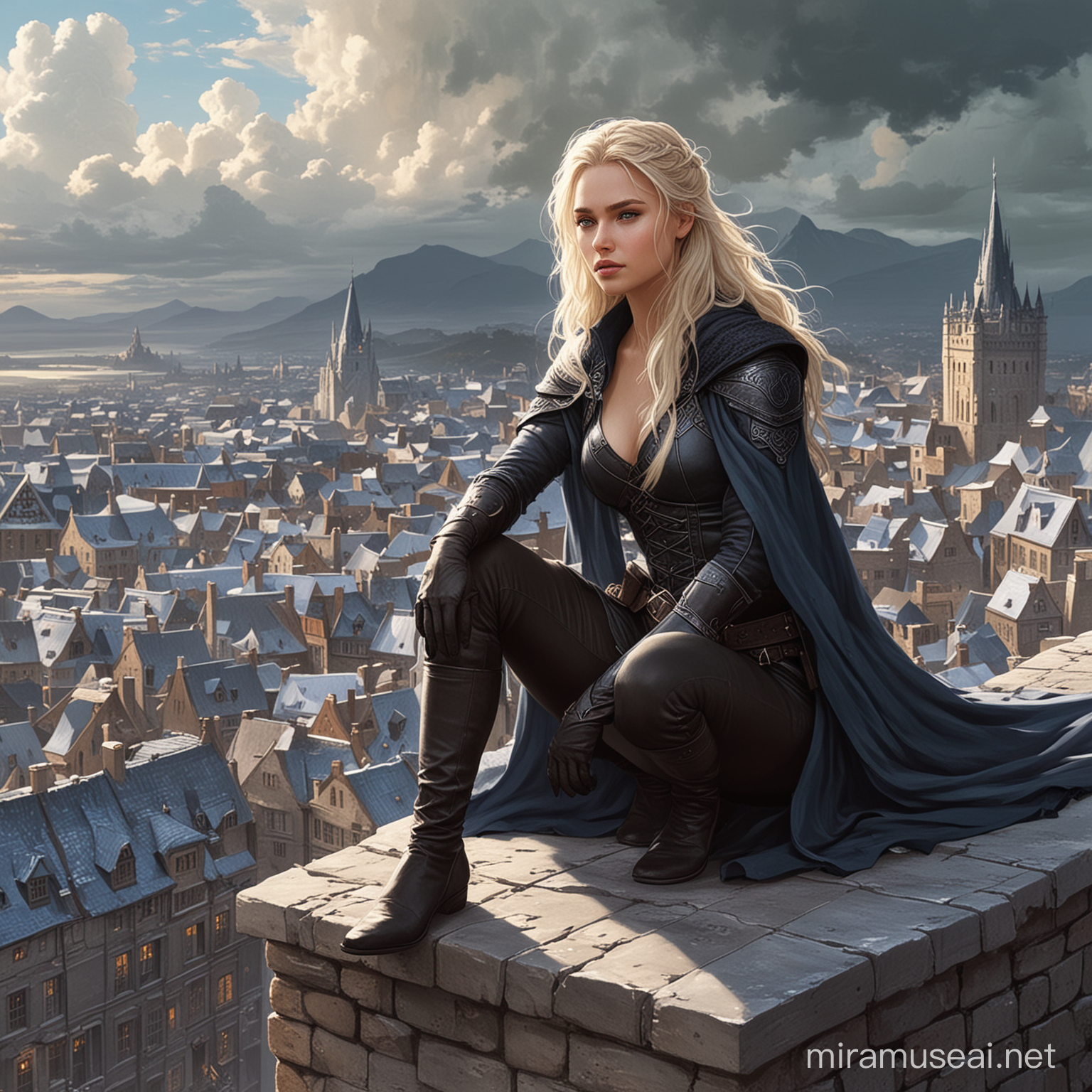 Celaena Sardothien in the city of Rifthold From Throne of glass series by Sarah J Maas. She should be crouching like an assassin on top of the city’s houses