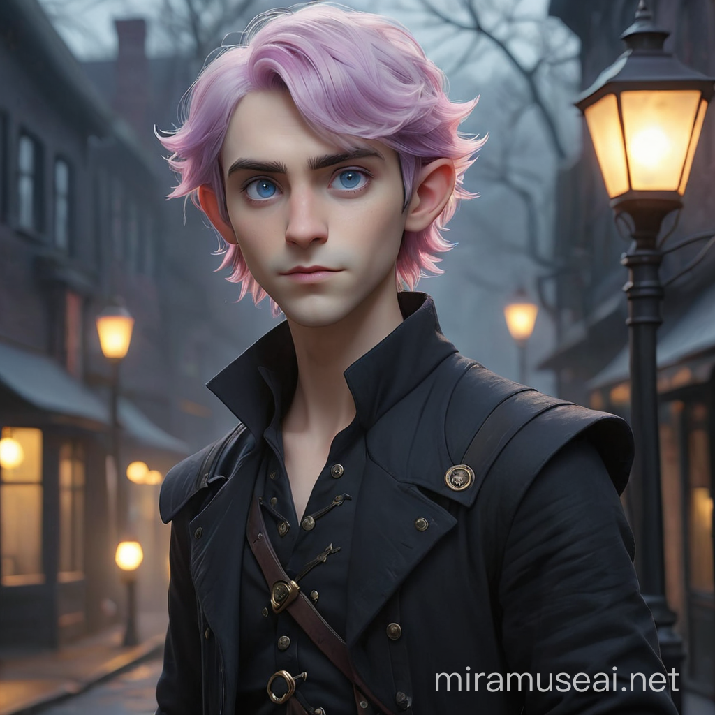 porcelain white skinned elf male, he has pink eyes, he has short indigo hair parted to one side, he wears all black clothes like ichabod crane from sleepy hollow, he is standing on a foggy street corner, under a gas lamp.