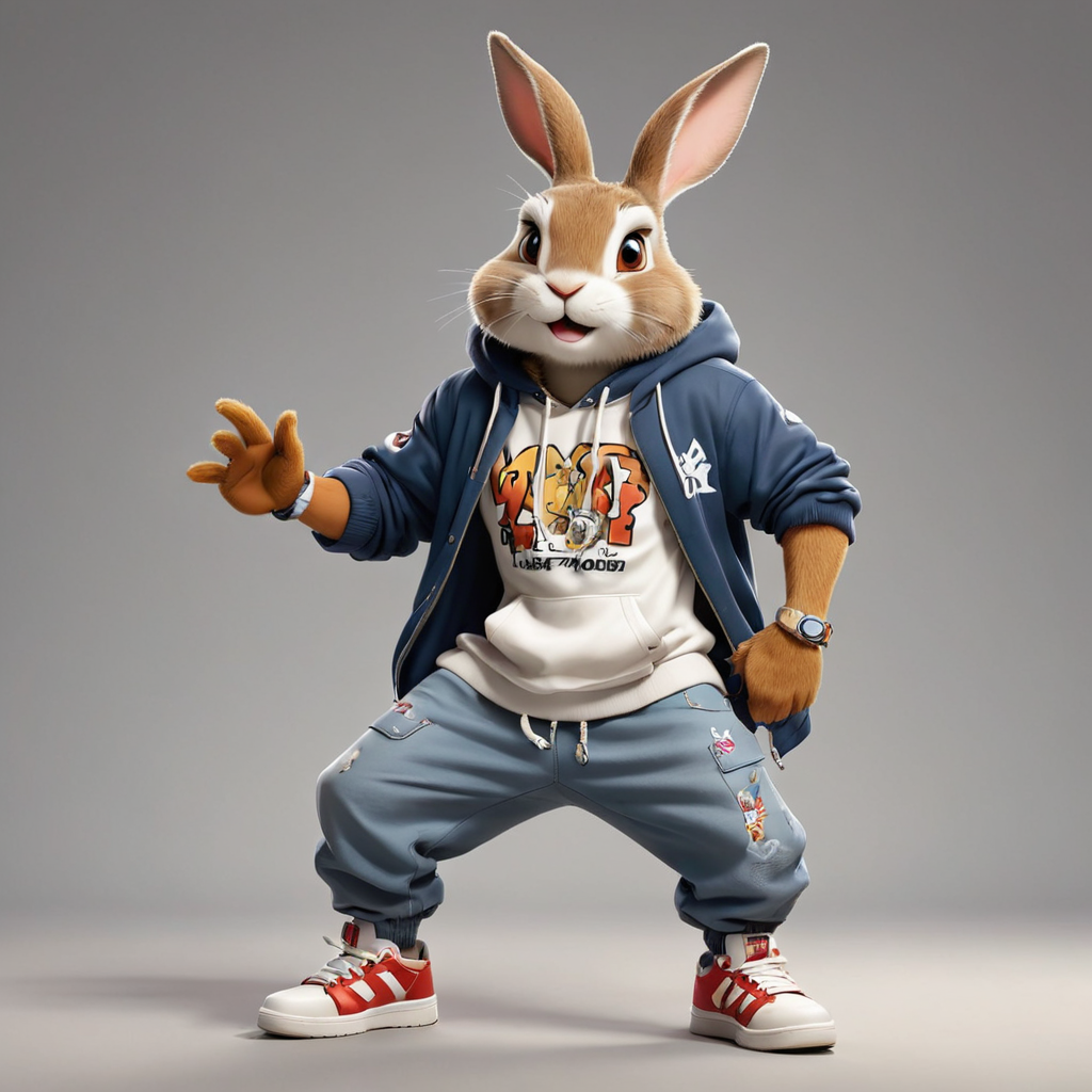 a rabbit in cartoon style in full body with Hip hop clothes with clear background
