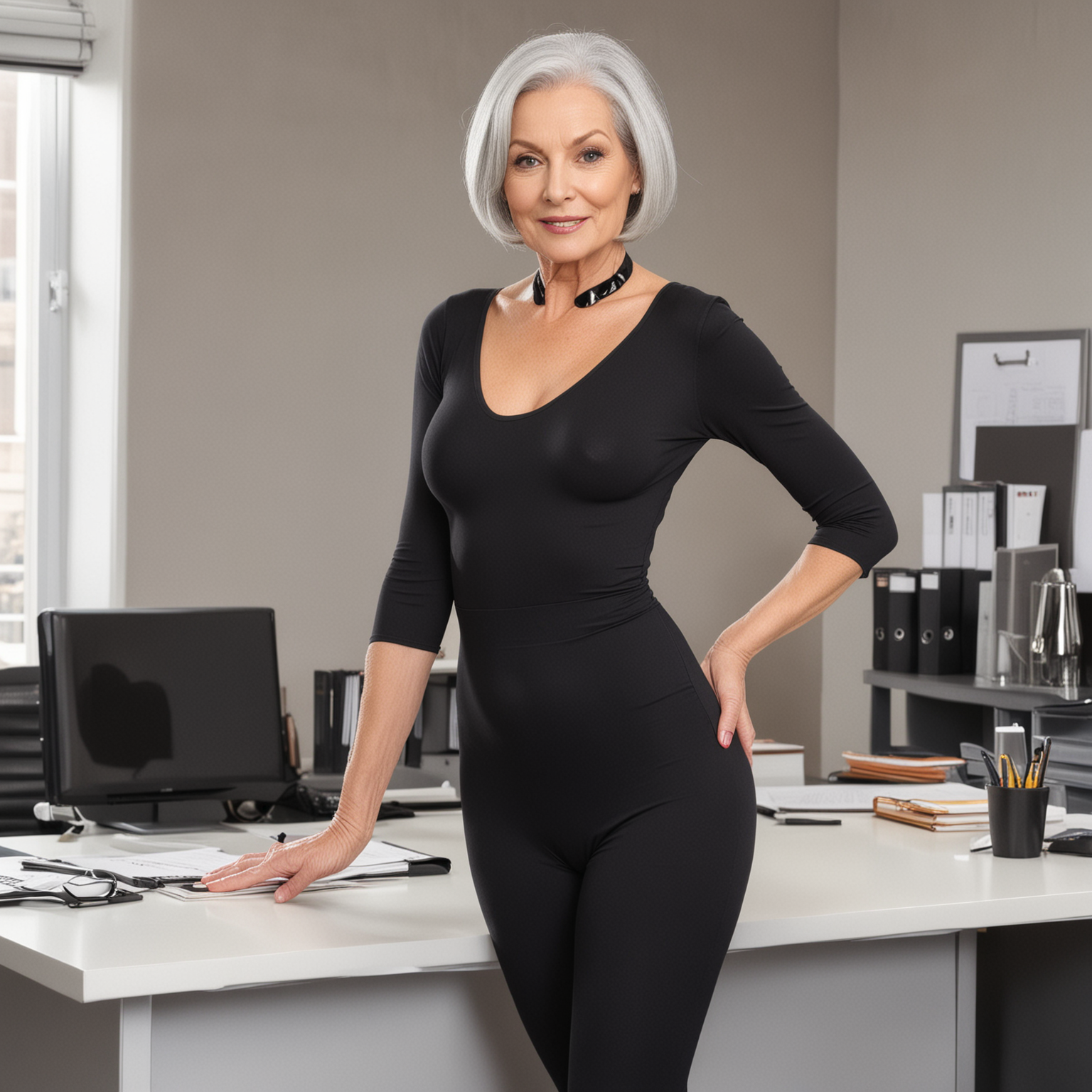 a slim beautiful 70-year-old woman with grey hair in a bob and big breasts wearing a skintight black bodysuit and high heels in an office