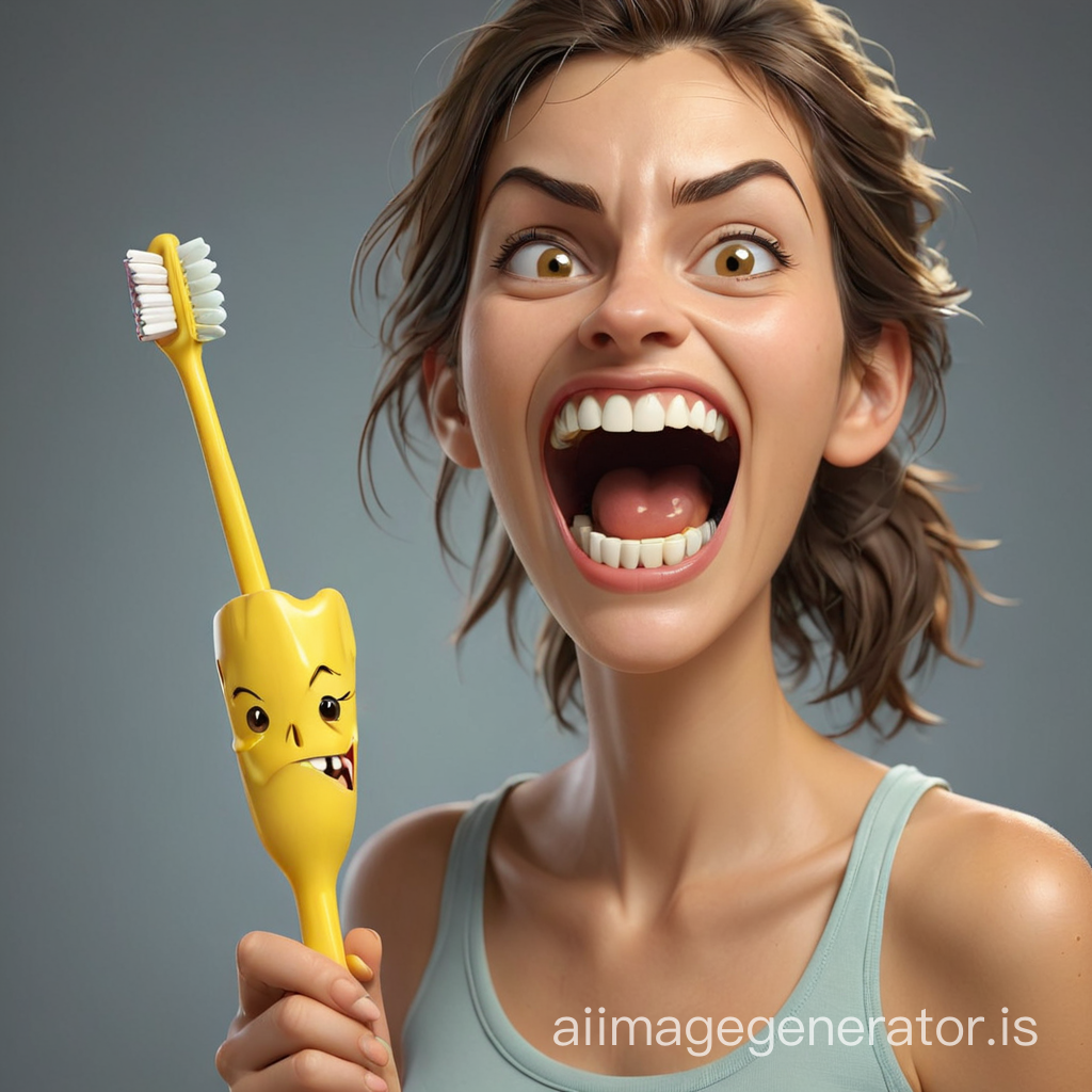 create a cartoon 3d image illustration of a woman with yellow, rotten teeth, wearing a mischievous grin as she holds a toothbrush and toothpastetube with a look of reluctance