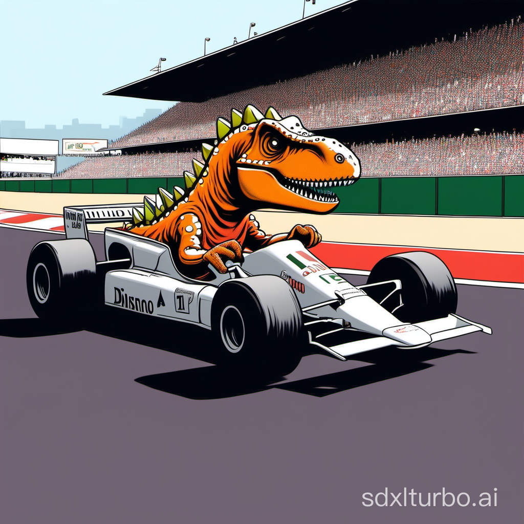 A dino driving in a f1 car