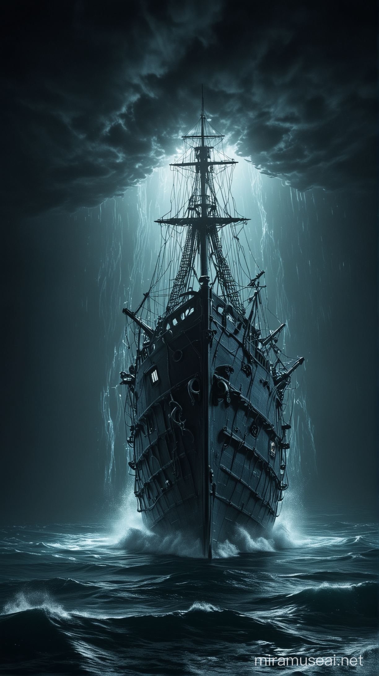 корабль попадает в ловушку морского привидения в темном синем море